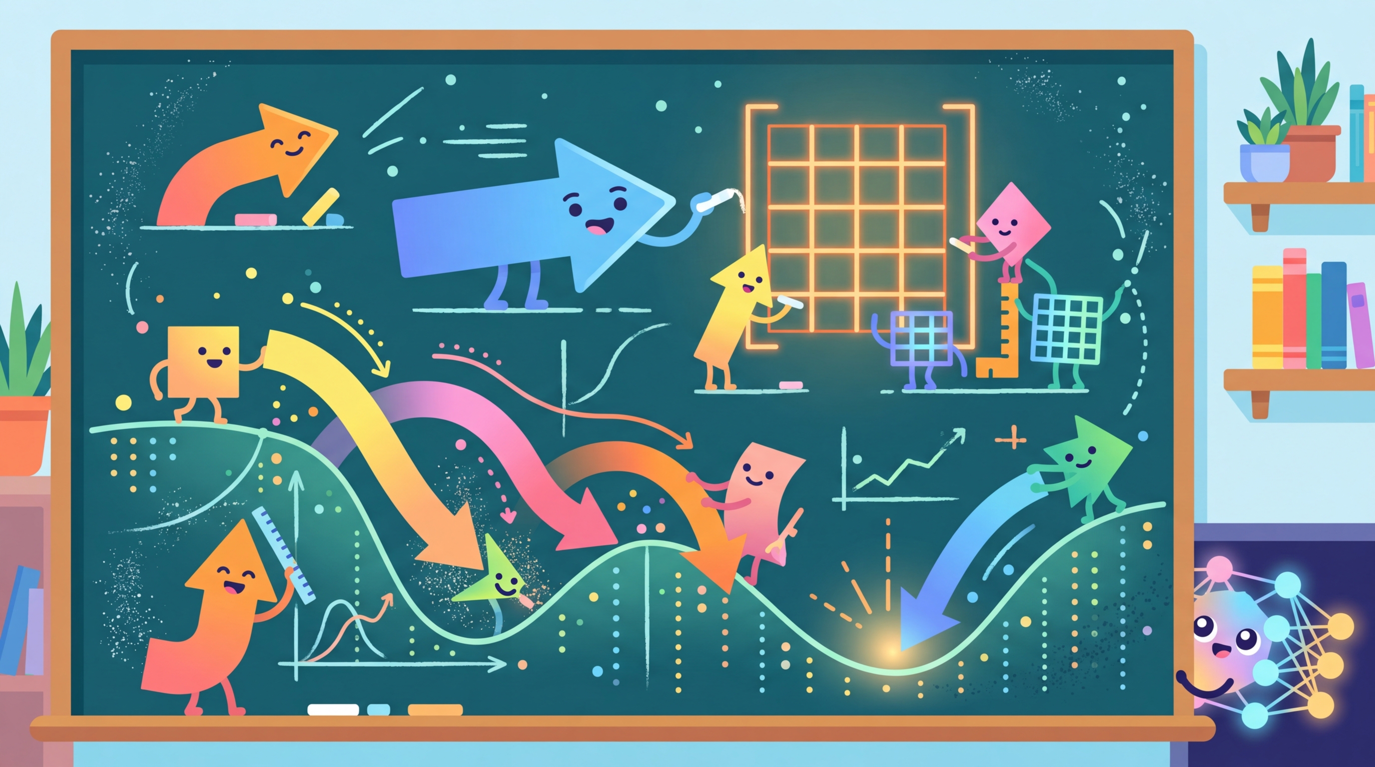 Friendly geometric shapes including vectors, matrices, and gradient arrows collaborating on a chalkboard while a neural network peeks in from the corner