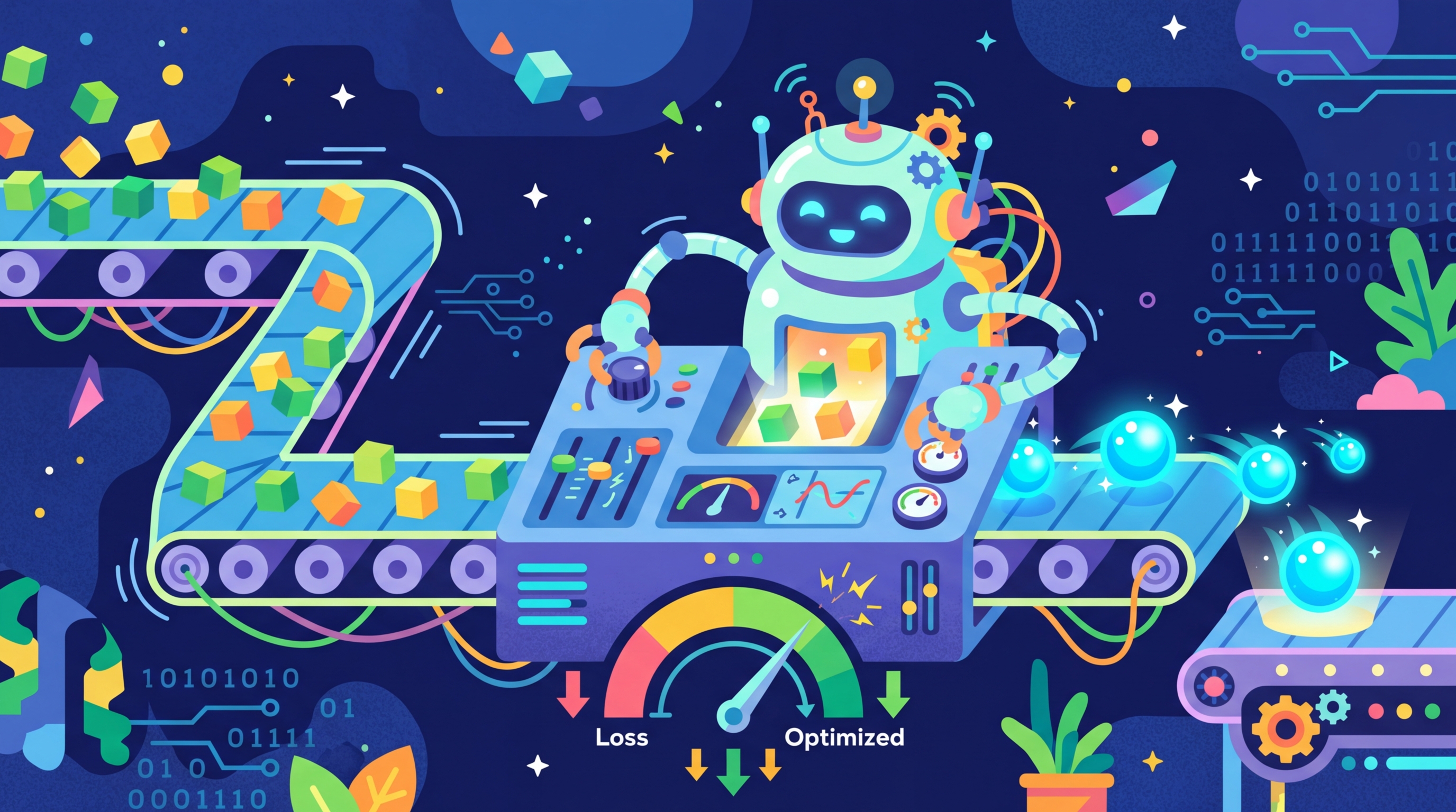 A training loop visualized as a conveyor belt with data going in, a model adjusting knobs in the middle, and predictions emerging on the right