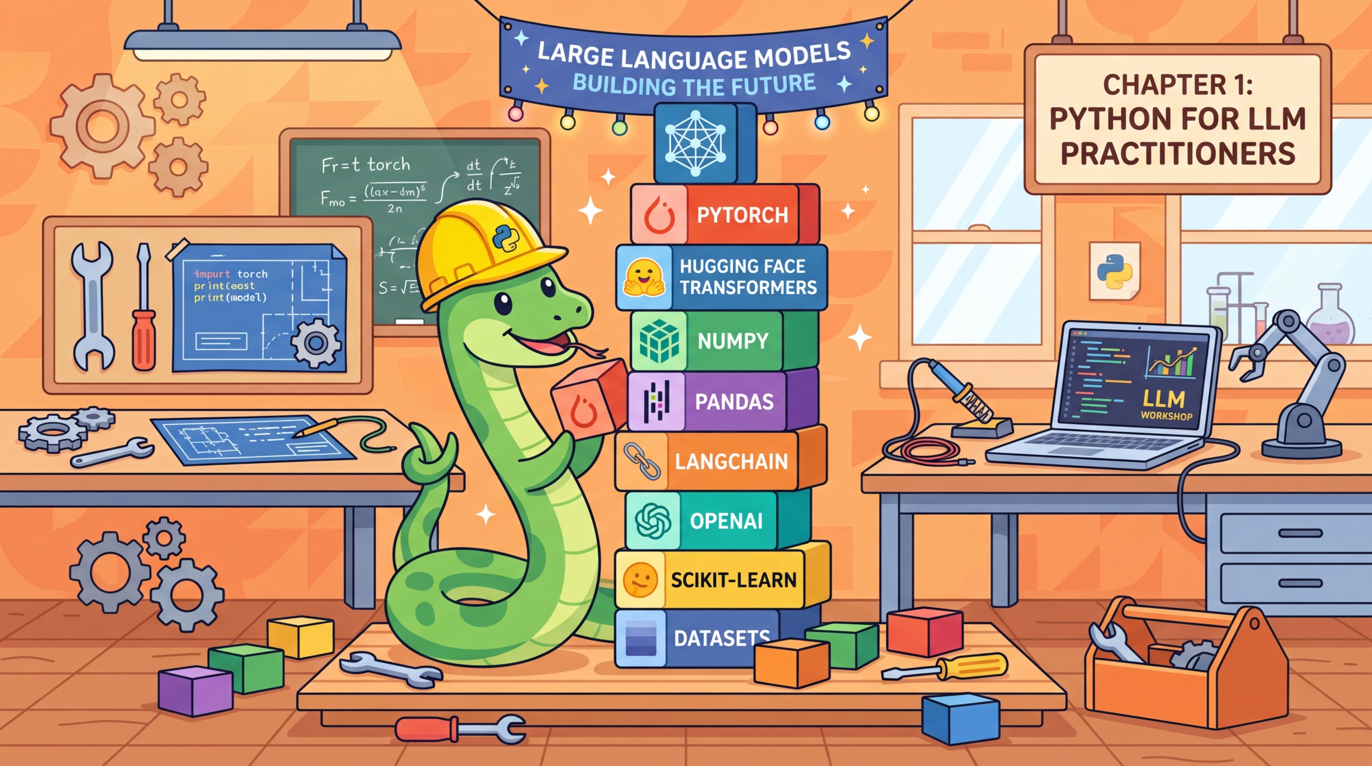 A friendly Python snake wearing a hard hat, stacking colorful building blocks labeled with library icons into a tower