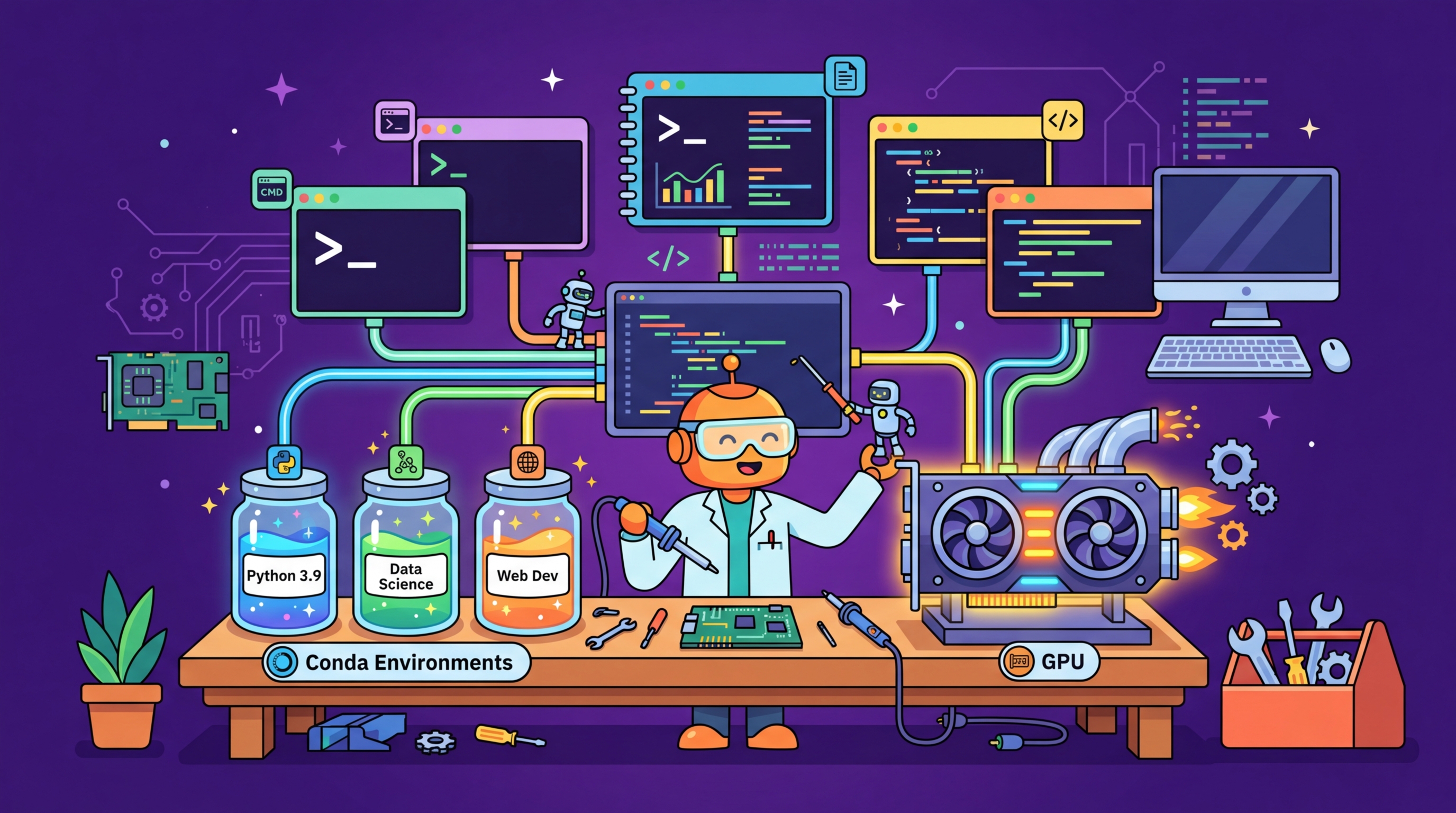A workshop bench with development tools neatly organized: conda environments as labeled jars, a GPU as a turbo engine, and terminal windows as open notebooks