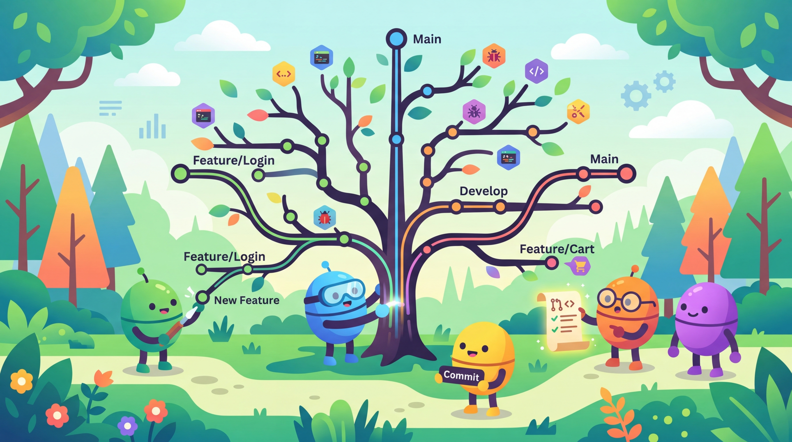 Friendly robots merging branches of a tree while commit messages float like colorful leaves around them