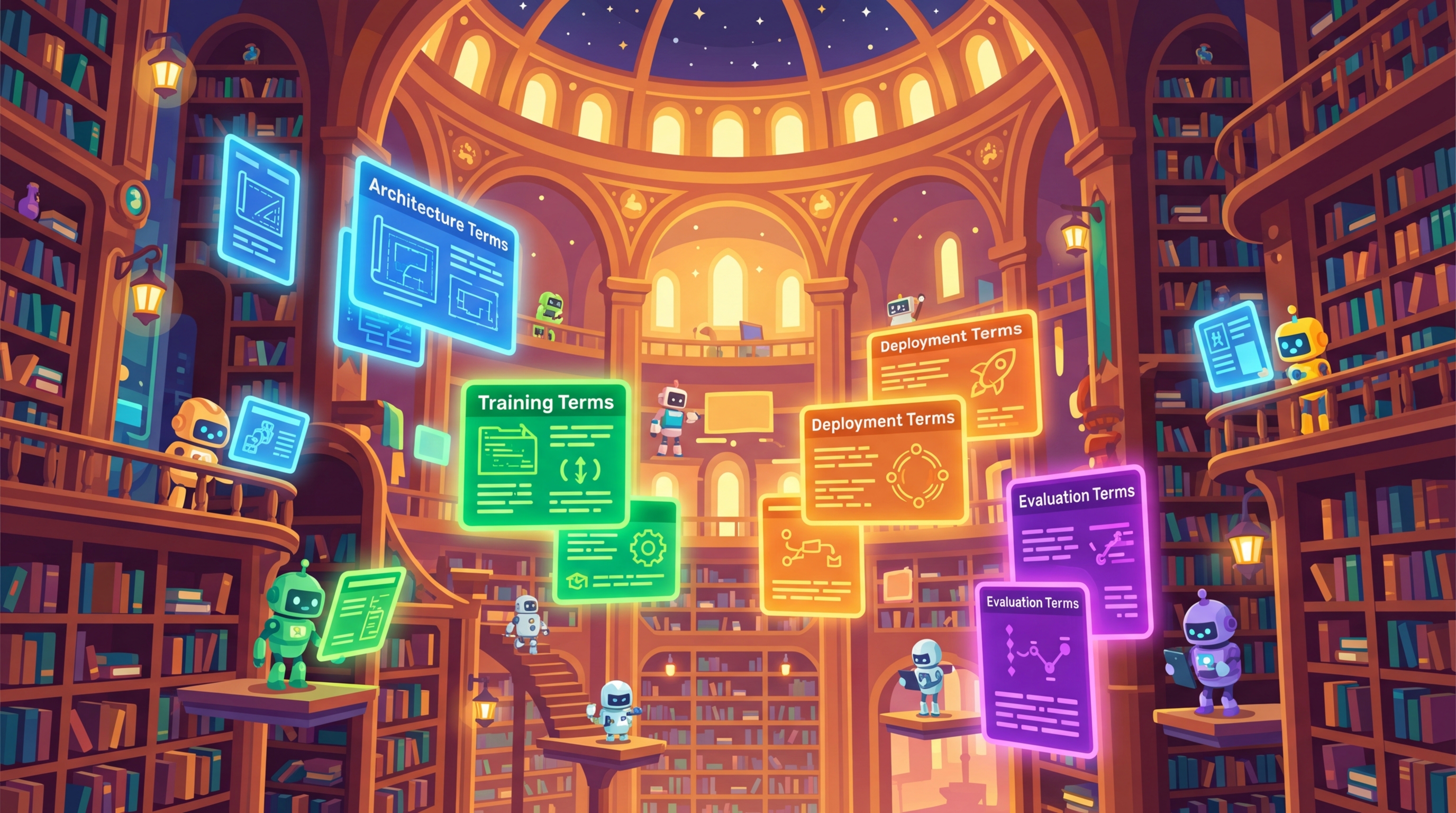 A vast magical library with floating holographic term cards glowing in different colors by category, browsed by friendly robot characters among towering bookshelves