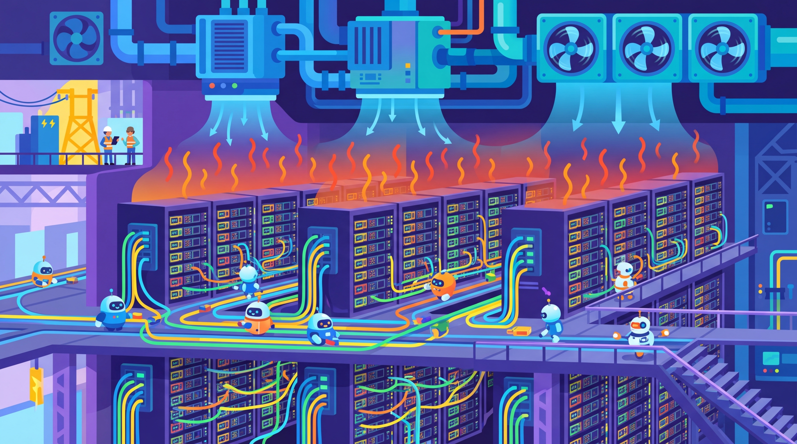 Cross-section of a GPU datacenter with friendly robots routing data through colorful interconnects, heat rising from chips, and cooling systems working overhead