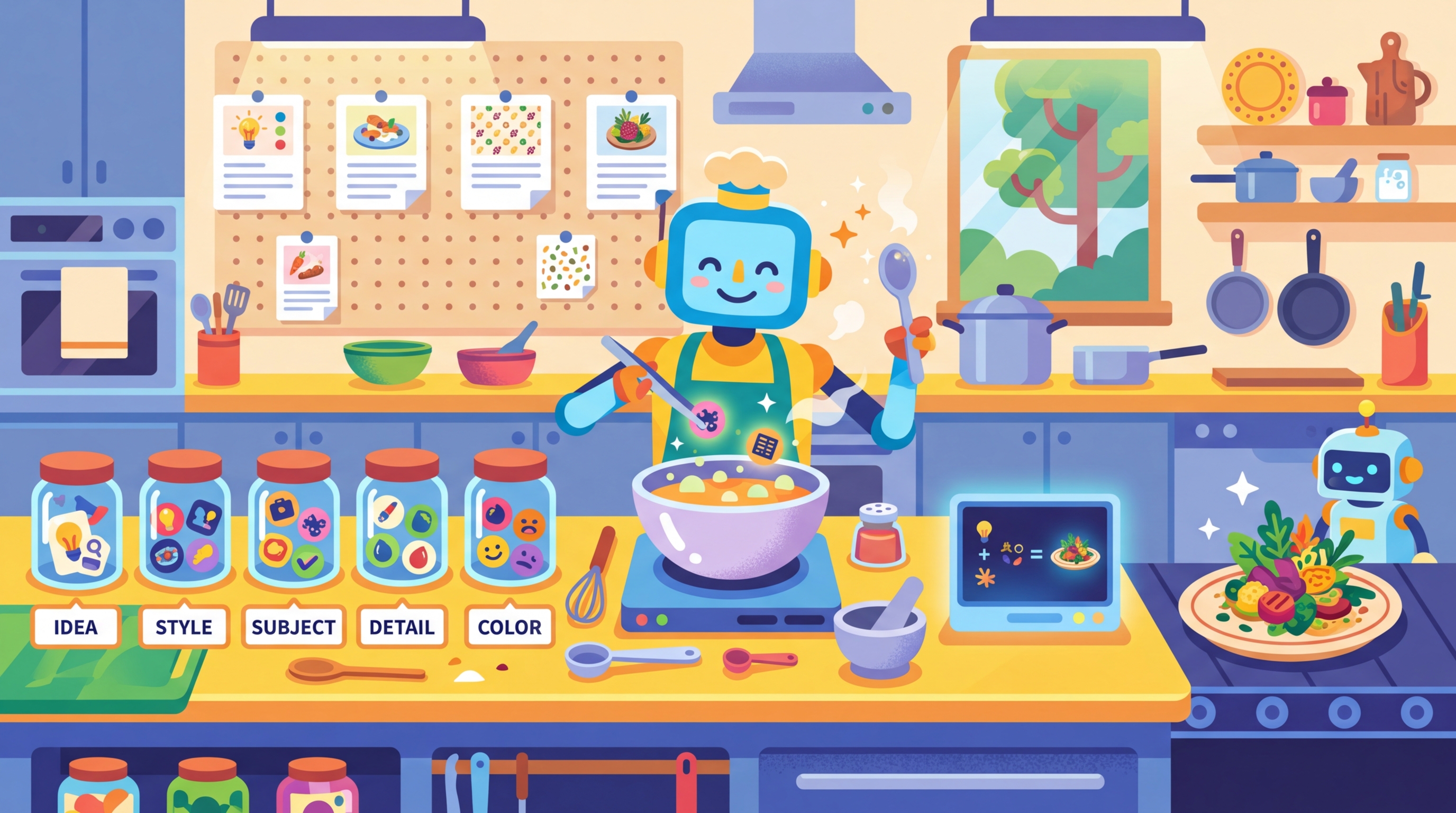 A colorful kitchen where a robot chef assembles prompts like recipes, combining template ingredients from labeled containers into a beautifully plated output dish