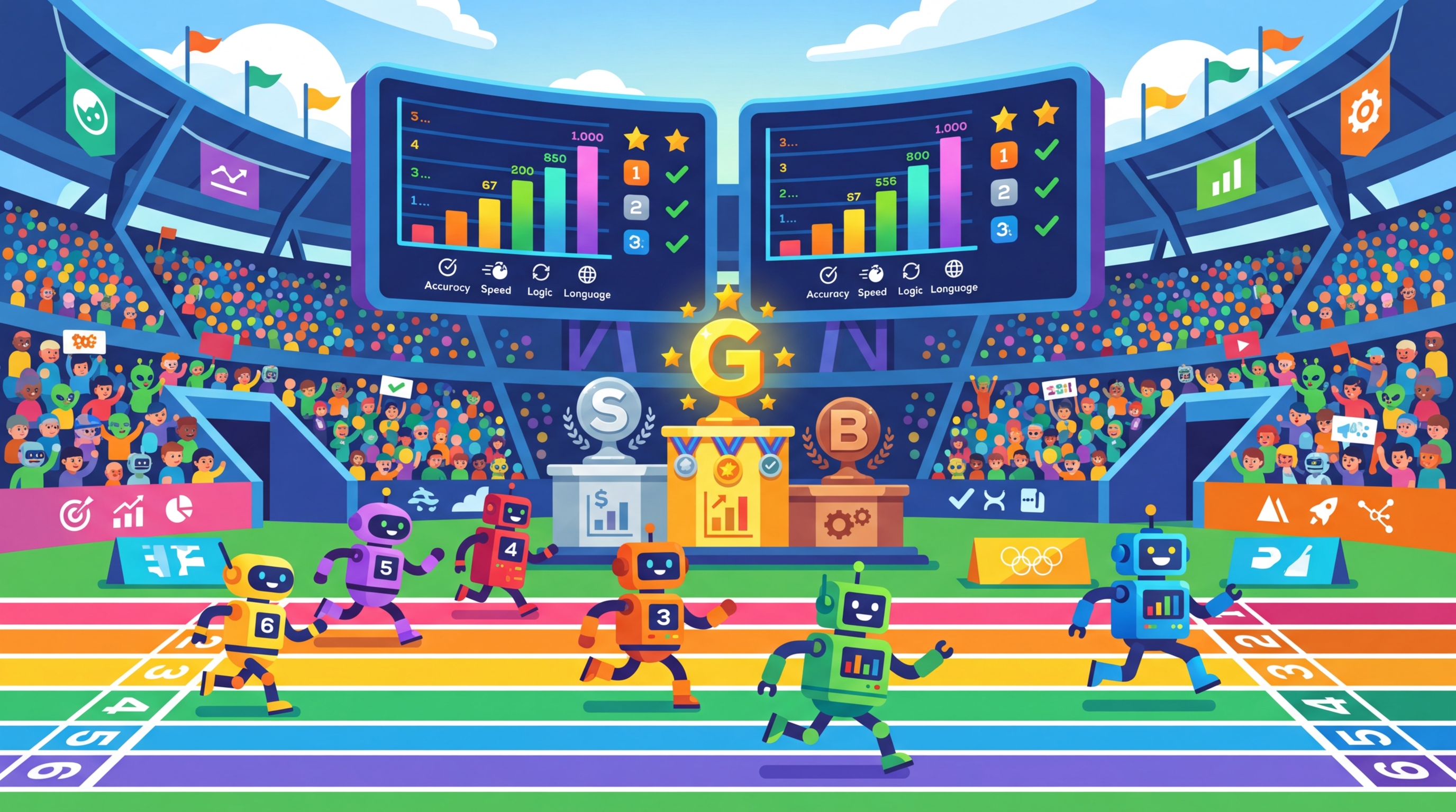 A grand Olympic arena where AI model characters compete on benchmark tracks, with dataset trophies on display and leaderboard screens showing colorful rankings