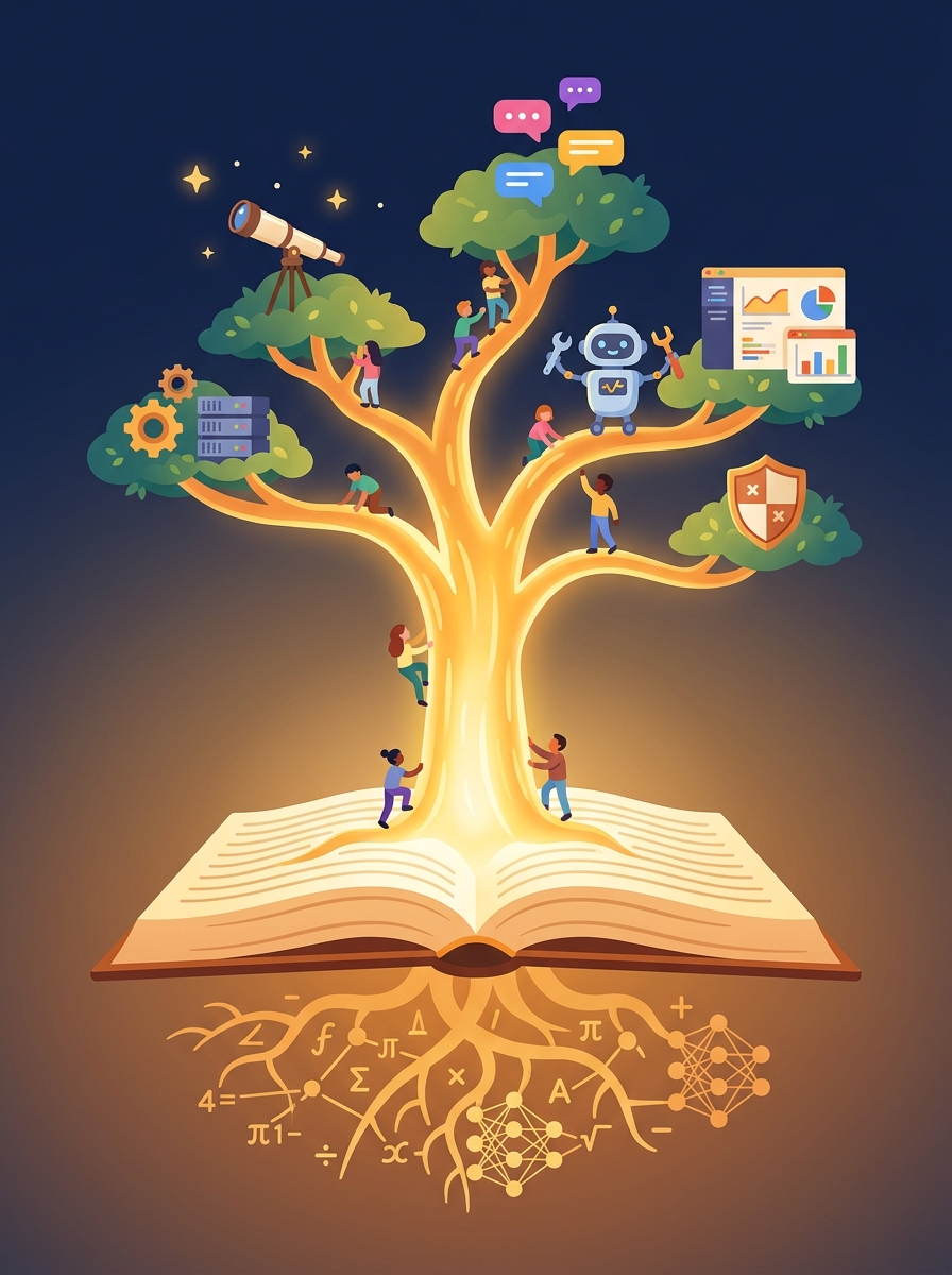 A luminous knowledge tree growing from an open book, its roots made of mathematical symbols and neural networks, its branches supporting miniature scenes of engineering, research, conversation, AI agents, analytics, and safety, with diverse people climbing at every level, all bathed in warm golden light against a deep navy sky