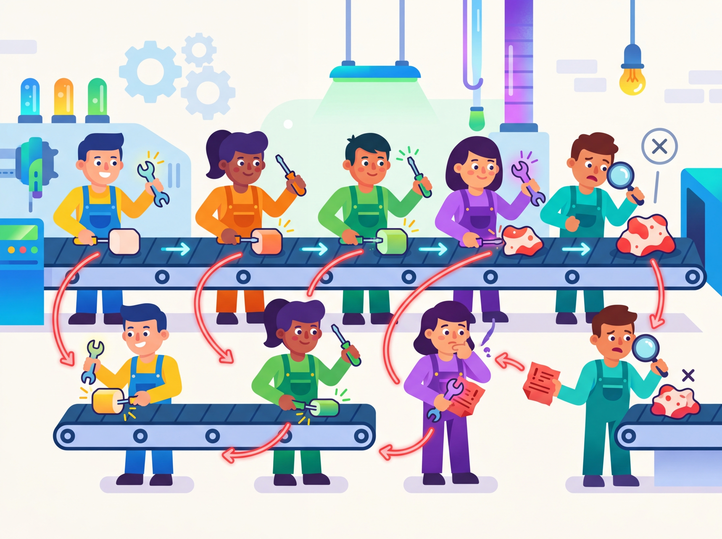 Factory workers on an assembly line passing blame notes backwards when a defective product reaches the end, each adjusting their tools based on the feedback they receive