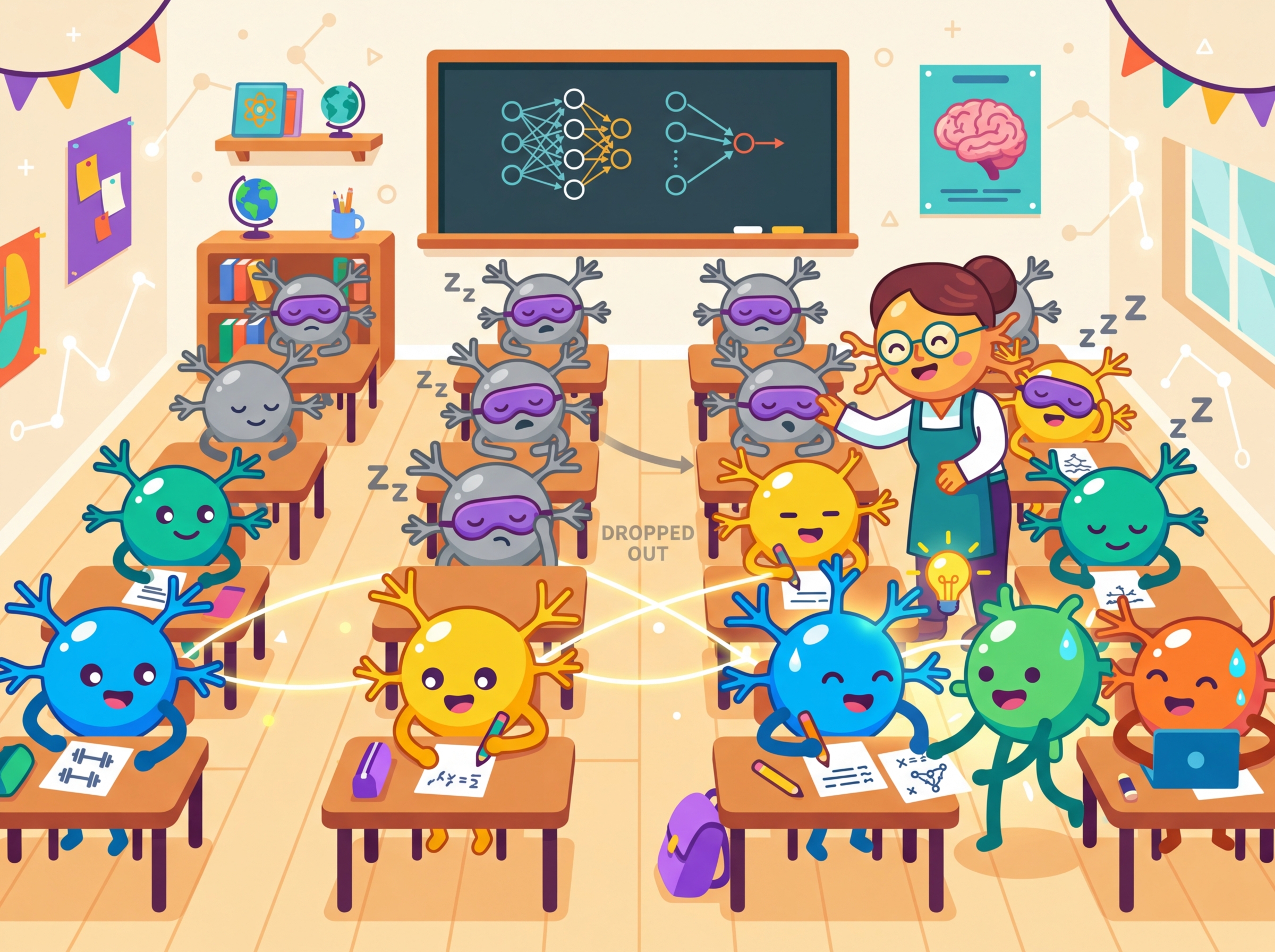 A classroom of cartoon neurons where a teacher randomly puts sleeping masks on some students, forcing the remaining awake students to learn independently