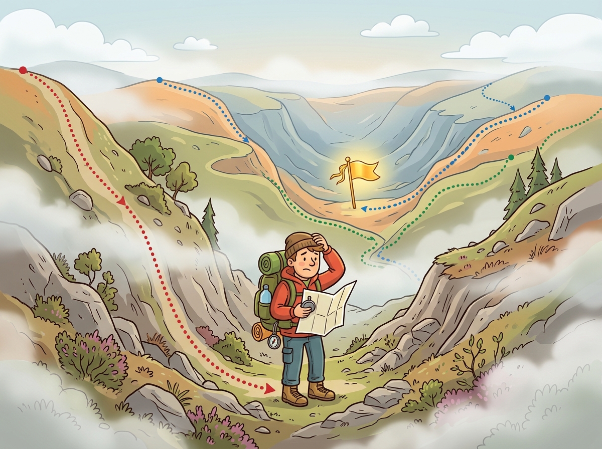 A hilly landscape illustrating gradient descent, showing a path from a high point down to the lowest valley