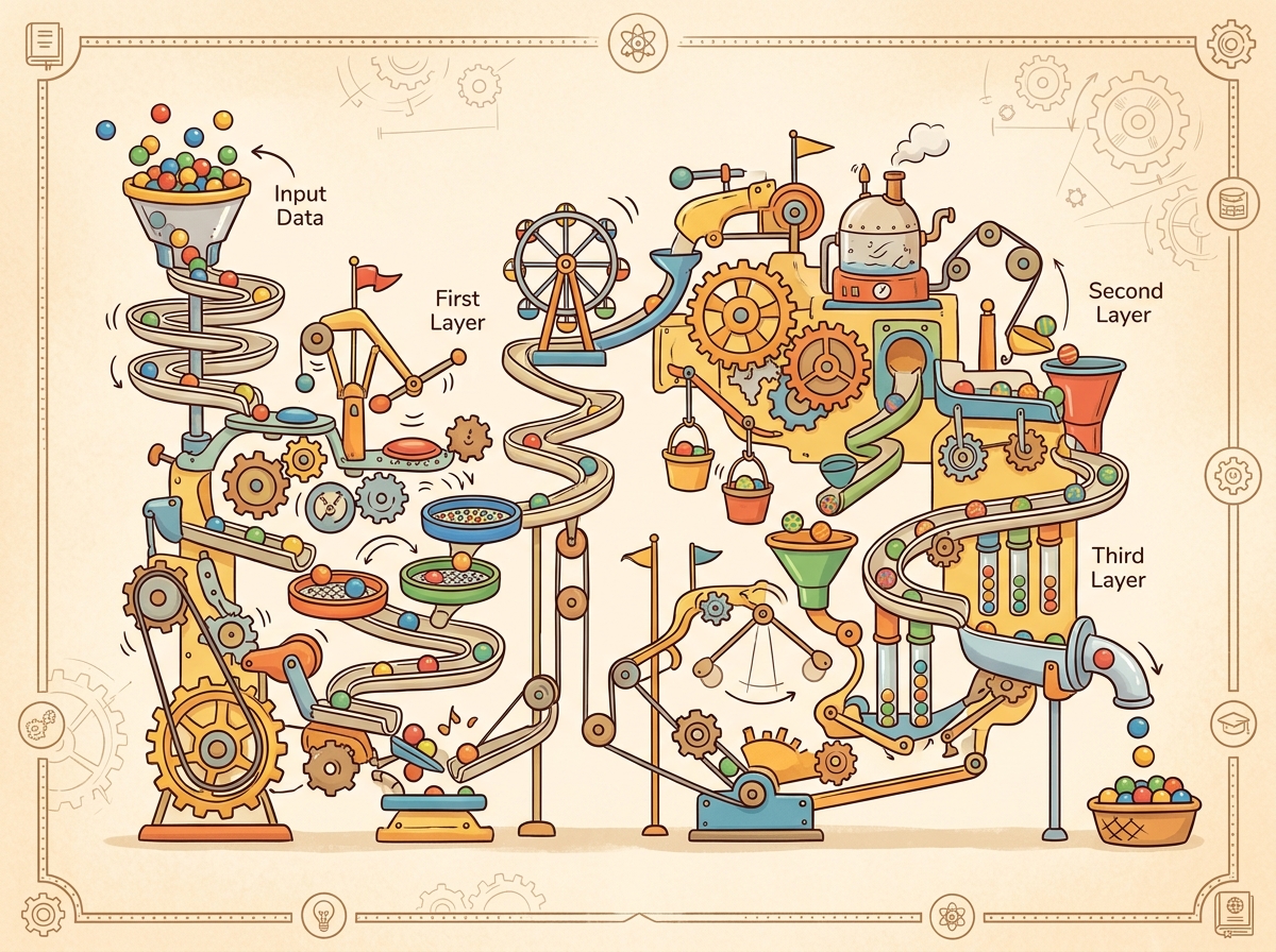 A stylized neural network depicted as an interconnected machine with layers of processing units