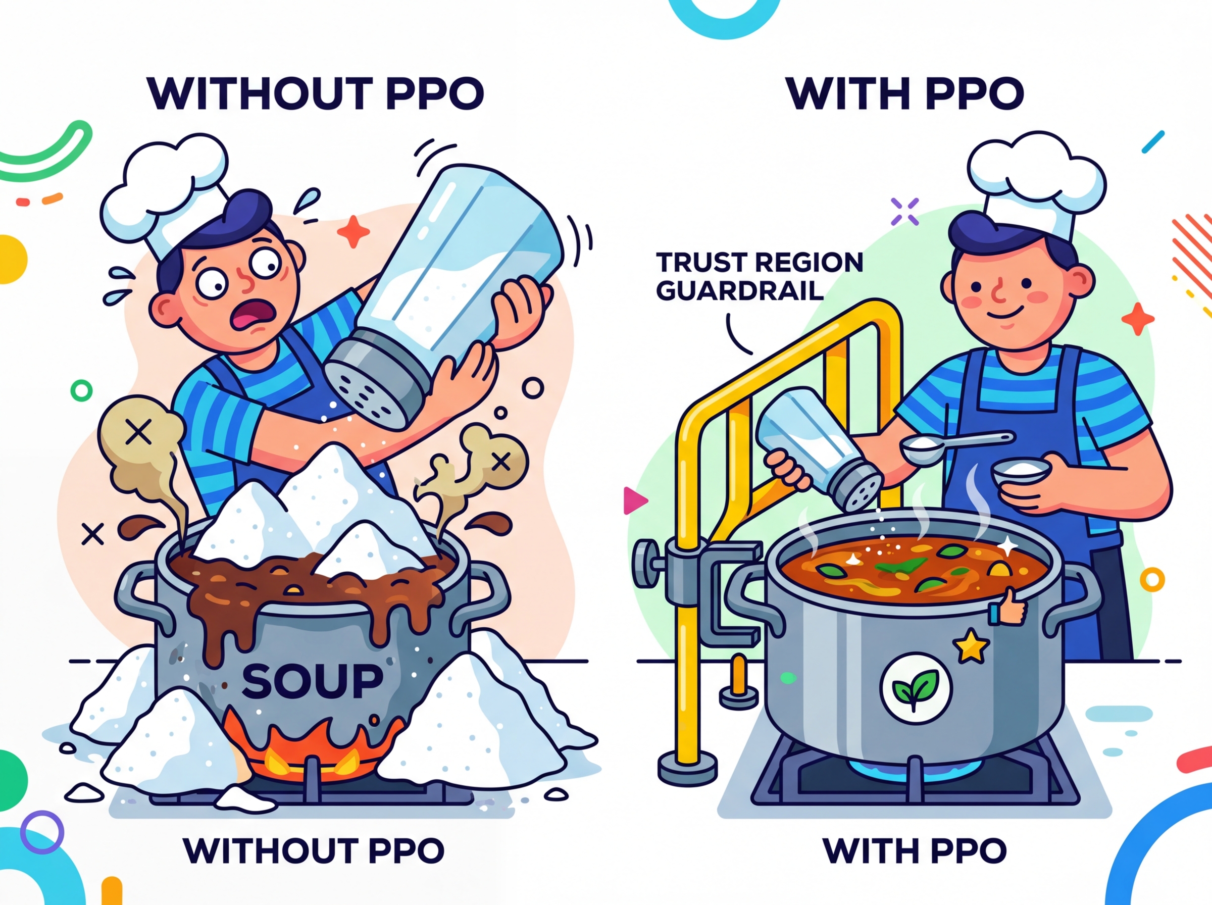 A chef carefully adding tiny measured amounts of seasoning to soup with a clamp preventing over-pouring, contrasted with a ruined over-salted pot