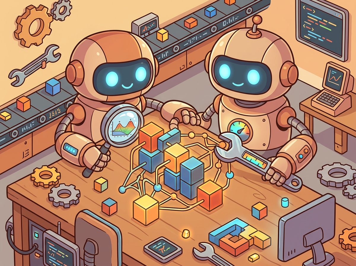 A stylized workbench with PyTorch tools: tensors, autograd engine, GPU, and training loop components