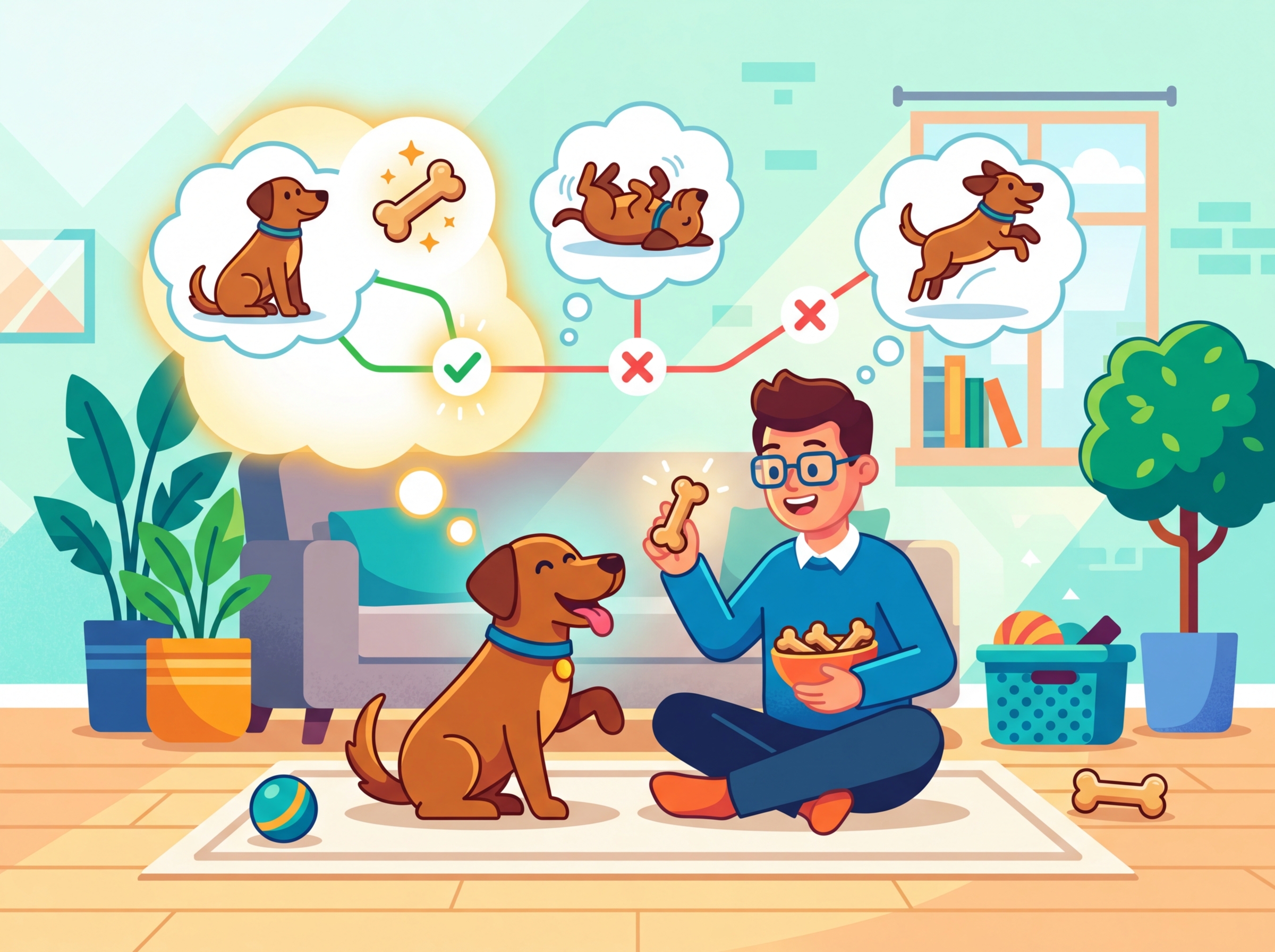 A cartoon dog trying different tricks while a friendly trainer rewards the correct behavior with treats, illustrating the agent-environment-reward loop