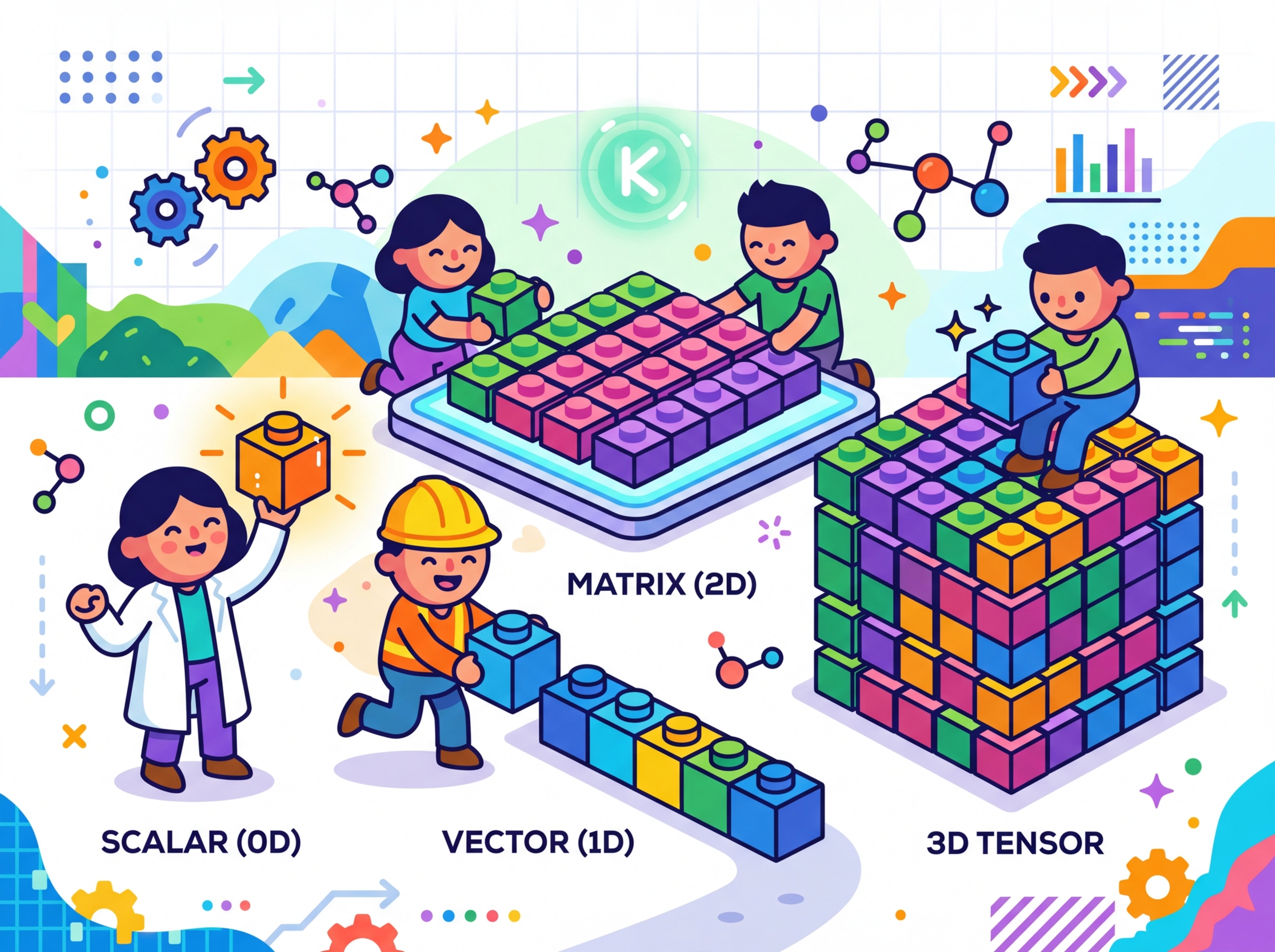 Colorful building blocks arranged in increasing dimensions: a single block as a scalar, a row as a vector, a flat grid as a matrix, and a 3D cube as a higher-order tensor