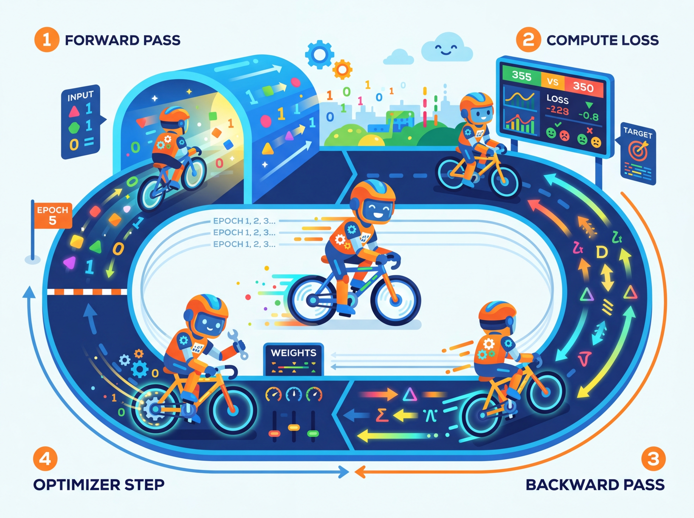 A robot cyclist riding around an oval racetrack with four stations: forward pass tunnel, loss scoreboard, backward pass arrows, and optimizer tuning knobs
