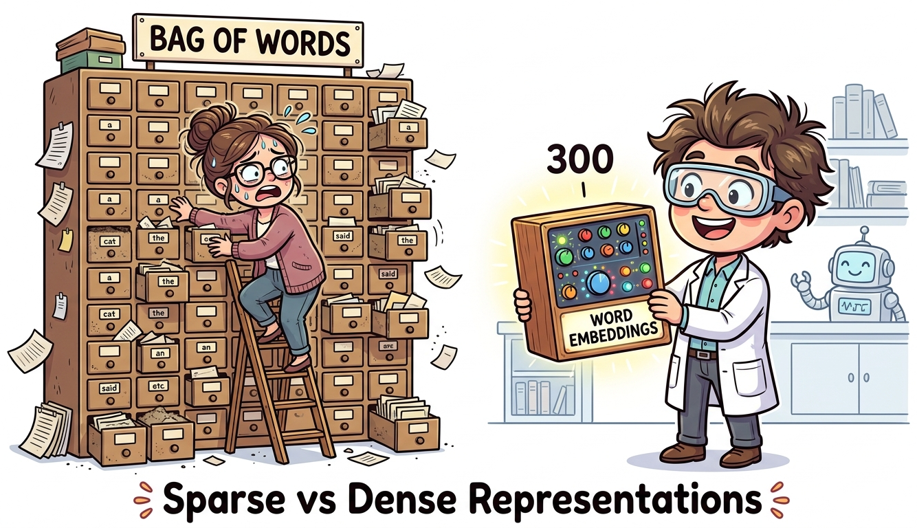 Visual analogy comparing sparse Bag-of-Words representations (a filing cabinet with mostly empty drawers) to dense word embeddings (a color mixer with many dials representing meaning dimensions)