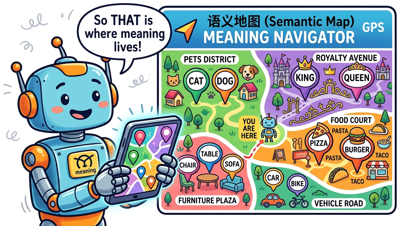 Analogy comparing word embeddings to a GPS for words, where coordinates in vector space encode semantic relationships and directions represent meaningful linguistic properties