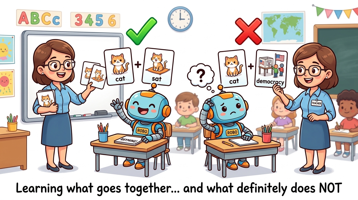 Visual explanation of negative sampling, contrasting full softmax computation over the entire vocabulary with the efficient approach of comparing one positive example against a small set of randomly sampled negatives
