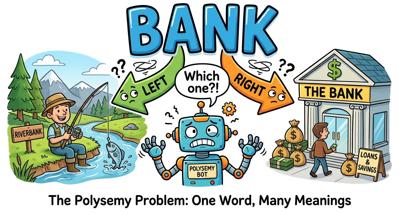 Illustration of the polysemy problem showing the word bank with multiple meanings (financial institution, river bank, to rely on) all mapped to a single blurred vector in static embeddings