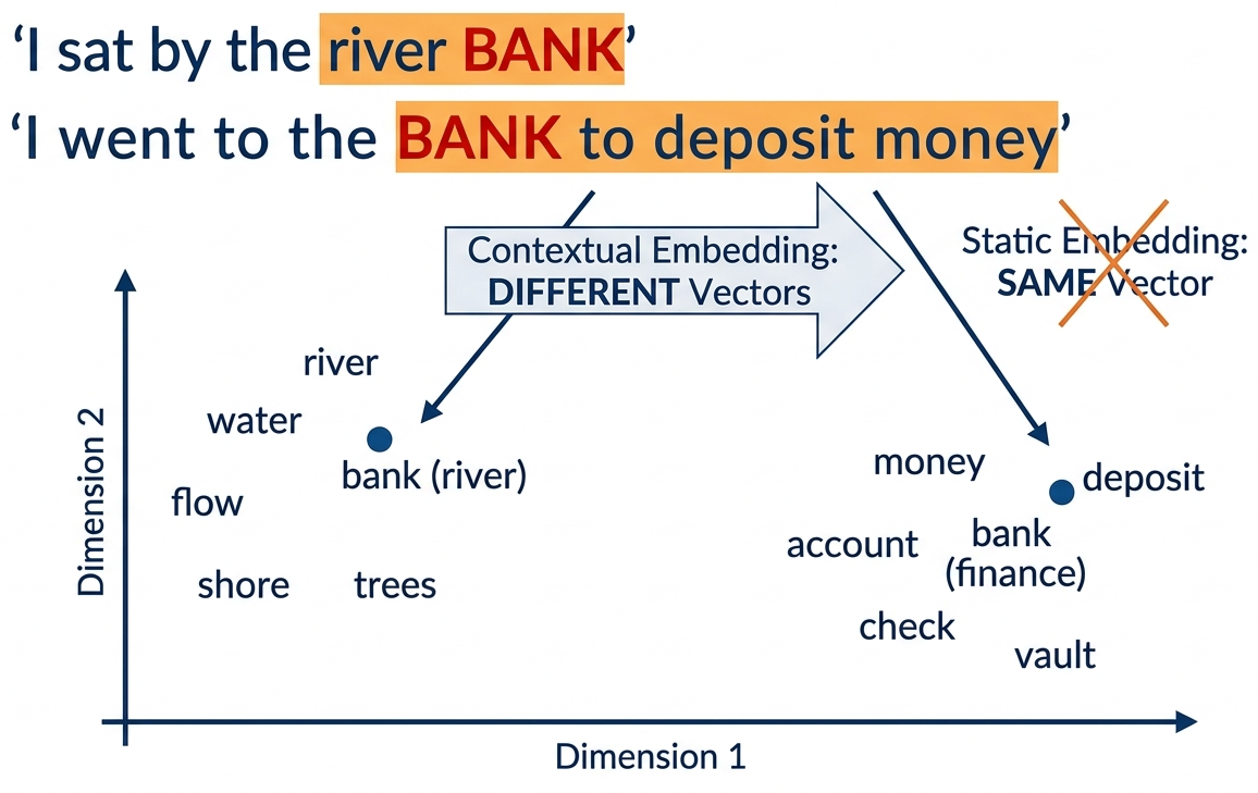 ELMo architecture diagram showing a forward LSTM and backward LSTM processing a sentence in both directions, with layer outputs combined into a weighted contextual embedding for each word