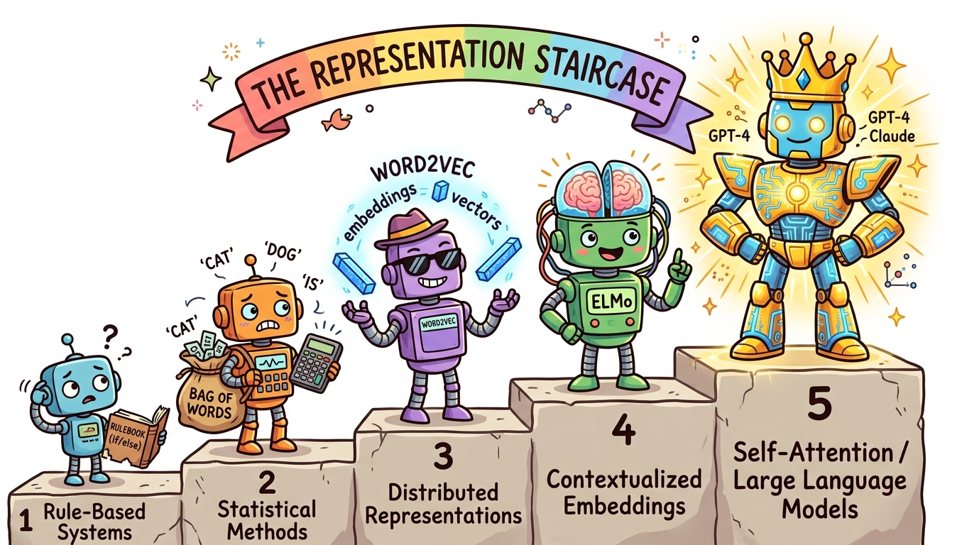 A staircase showing the evolution of NLP from rule-based systems through statistical methods to neural networks and transformers