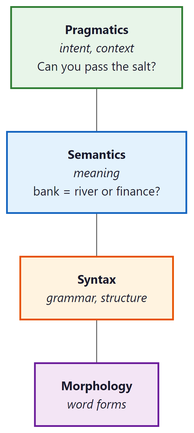 Nested layers of linguistic complexity: morphology, syntax, semantics, pragmatics