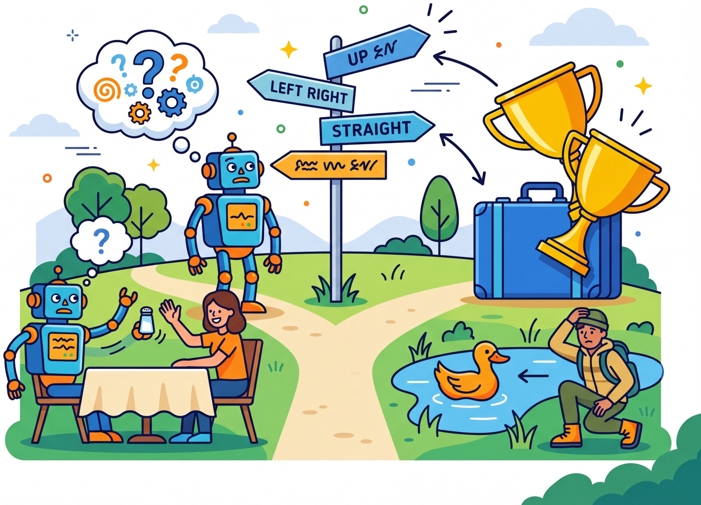 A confused robot facing ambiguous signs, a duck and a ducking person, a trophy that does not fit a suitcase, and a salt shaker being passed, all representing why language is difficult for machines