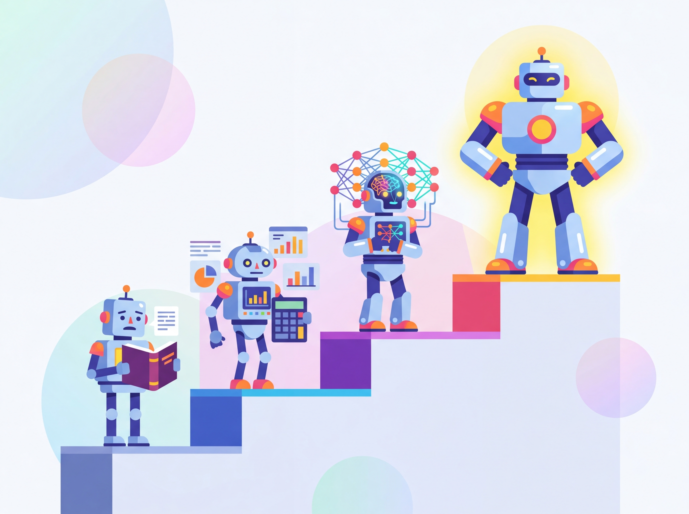 Four robots of increasing capability ascending a staircase: a rigid rule-following robot, a statistics-calculating robot, a neural-wired robot, and a towering glowing LLM robot