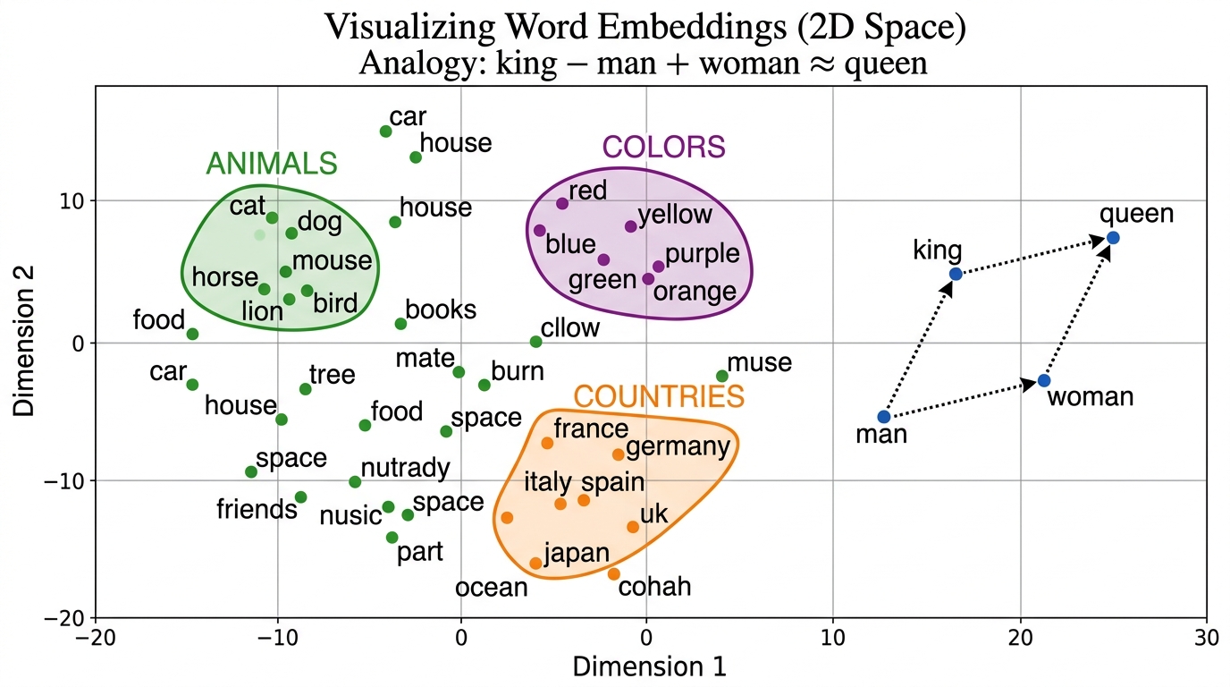 Two-dimensional projection of word embedding space showing clusters of semantically related words, with countries grouped together, animals grouped together, and royalty terms nearby each other
