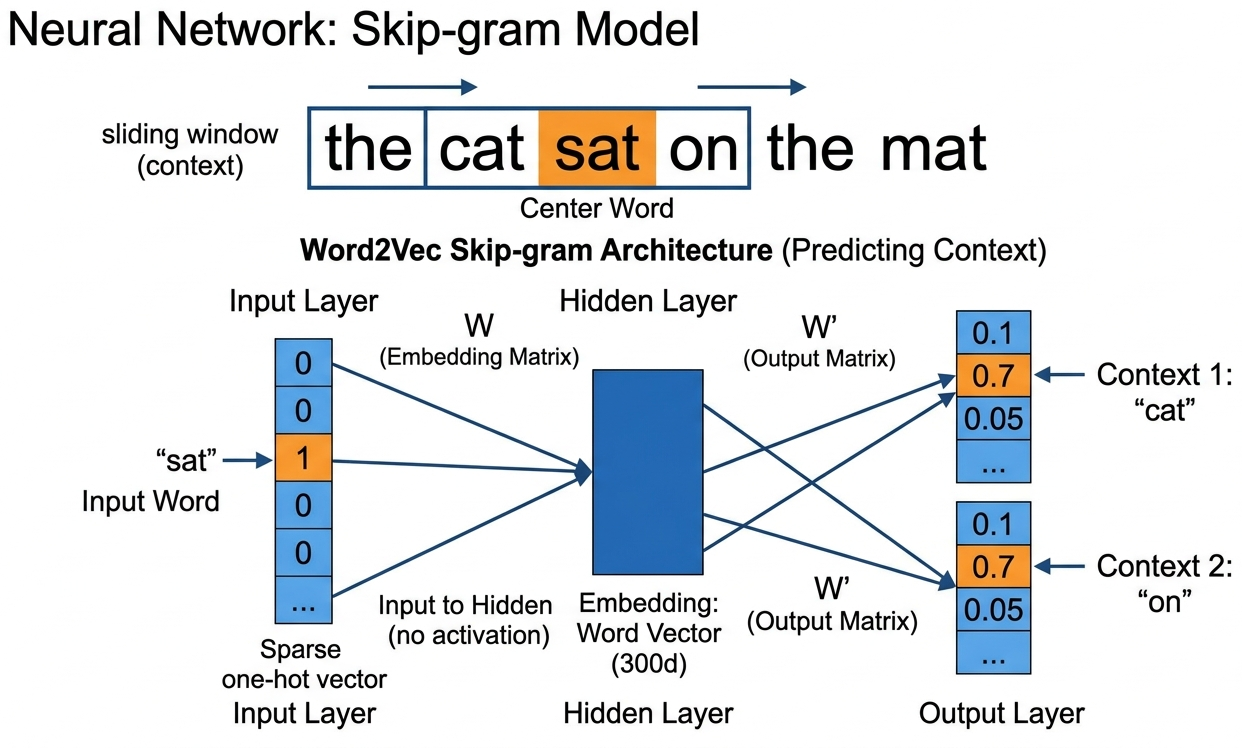 Diagram of the Word2Vec Skip-gram architecture showing a center word as input, a hidden embedding layer, and output context word predictions
