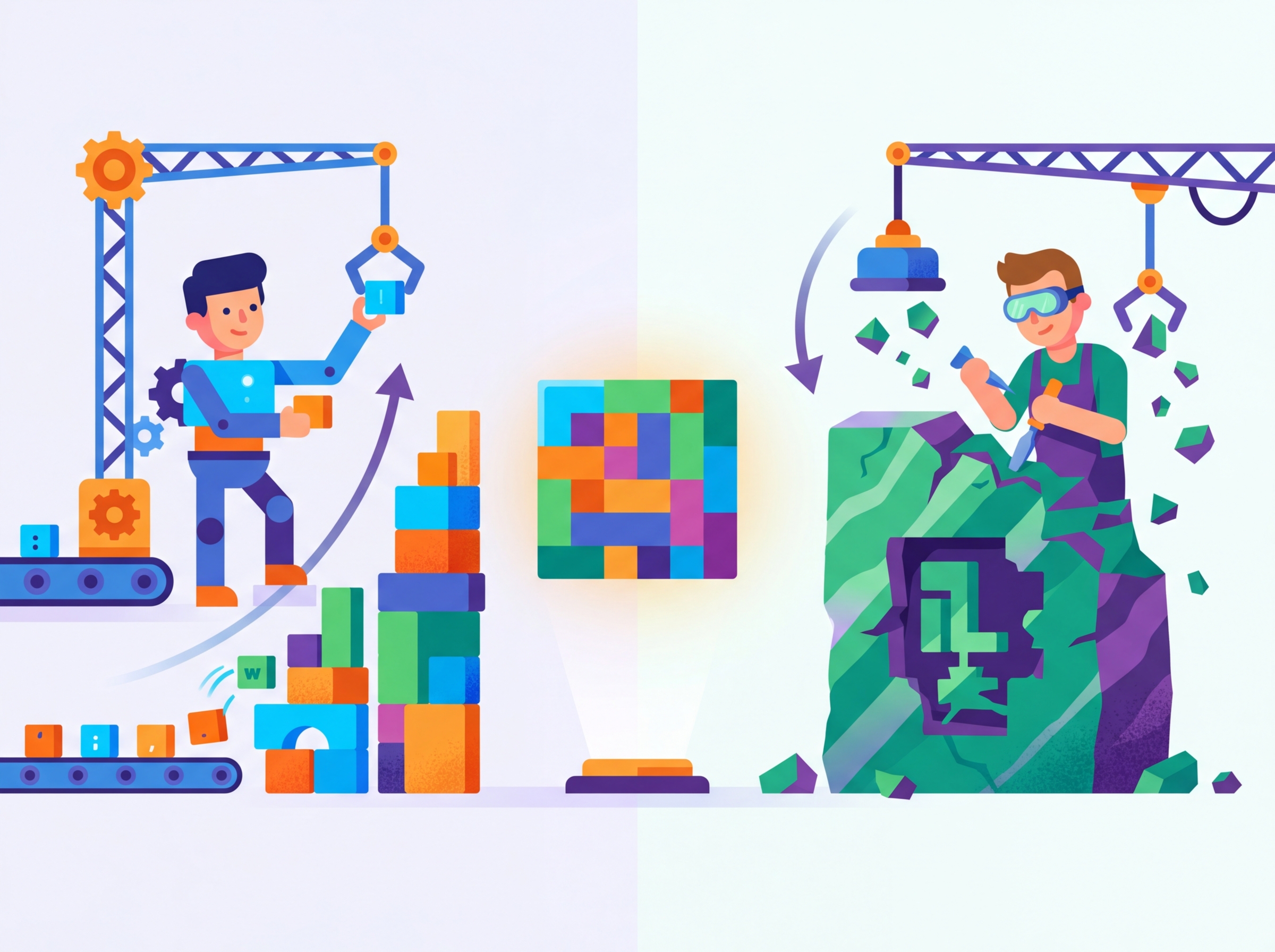 Left: blocks being stacked upward from tiny letters (BPE bottom-up). Right: a sculptor chiseling away excess from a large block (Unigram top-down pruning)