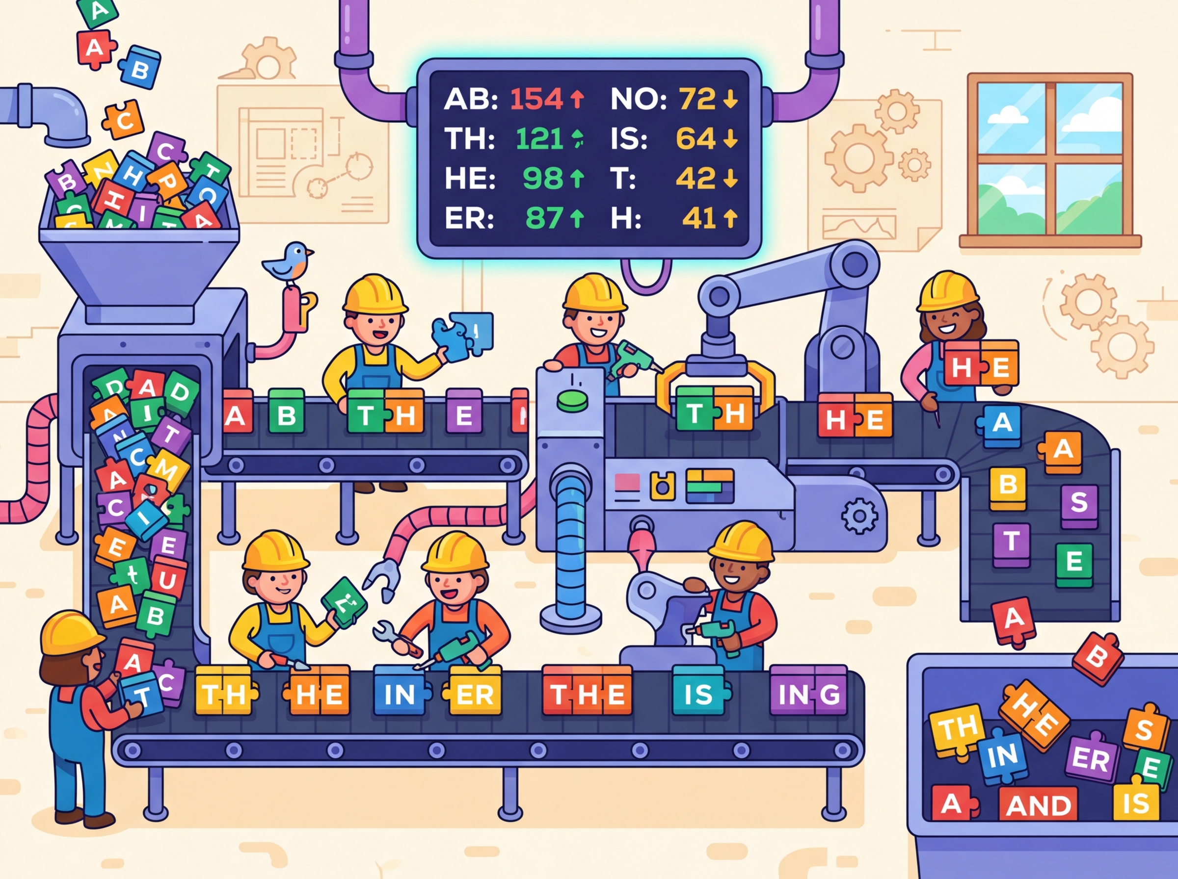 A factory assembly line where workers progressively glue the most frequently adjacent letter blocks into larger token pieces