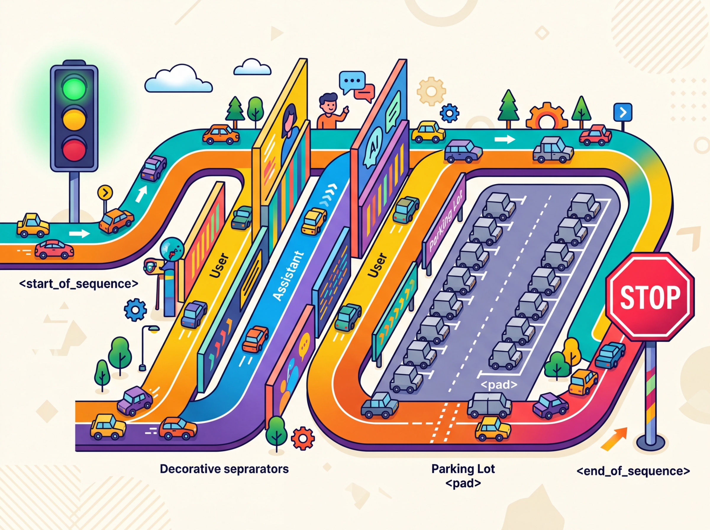 Special tokens acting as traffic signals directing the flow of text through a language model