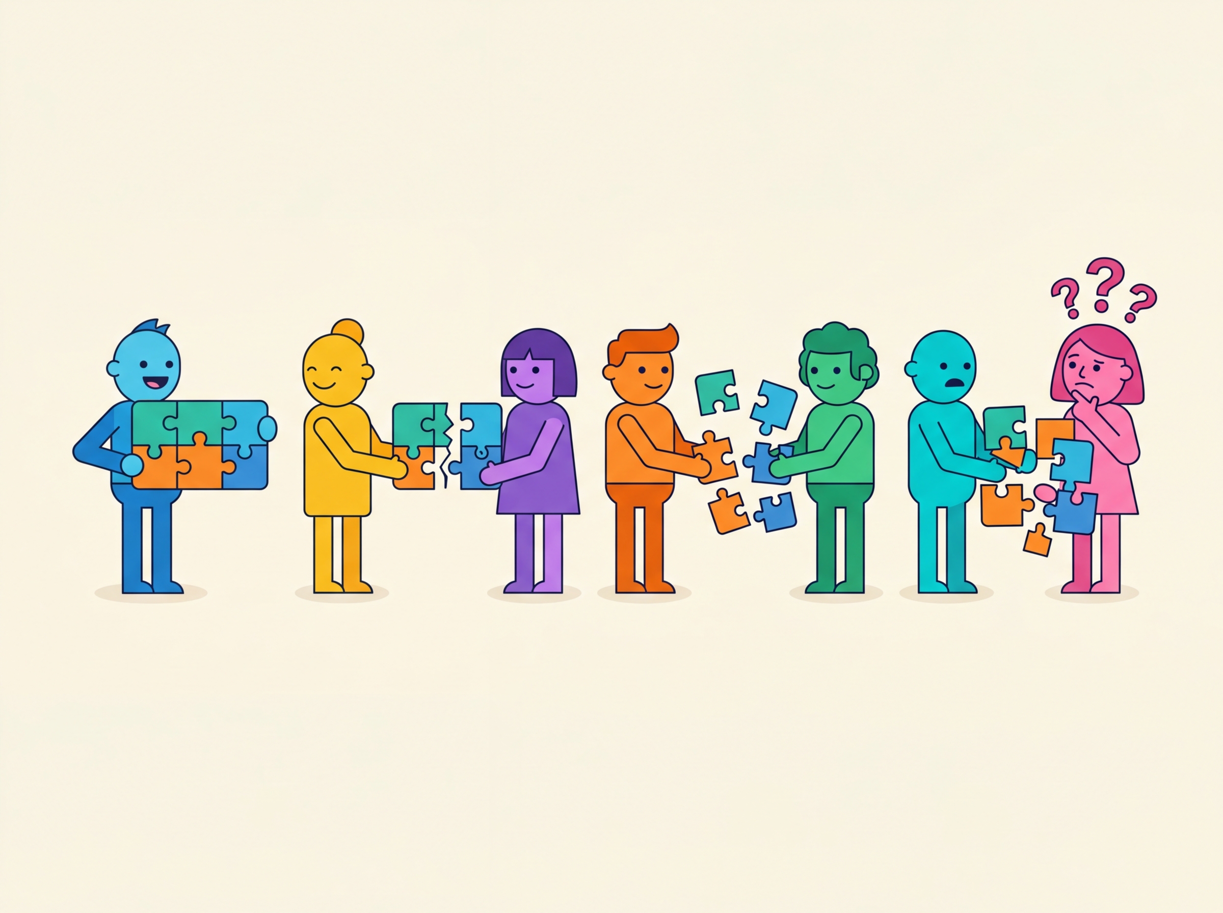 A broken telephone game where a message gets distorted as puzzle pieces are split incorrectly at each handoff, leaving the final recipient confused