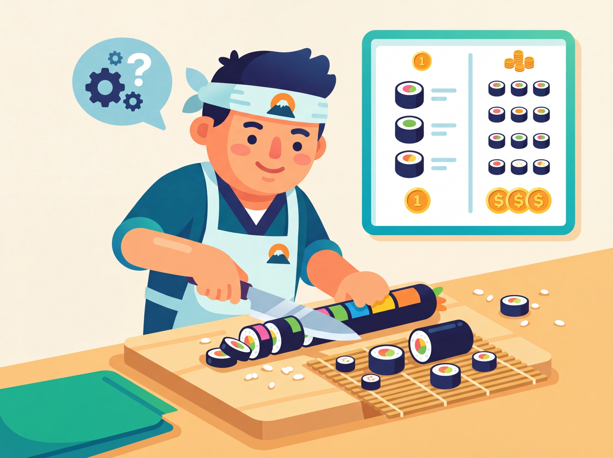 A cartoon sushi chef slicing a long text roll into token-sized pieces at a cutting board, balancing between large and small pieces