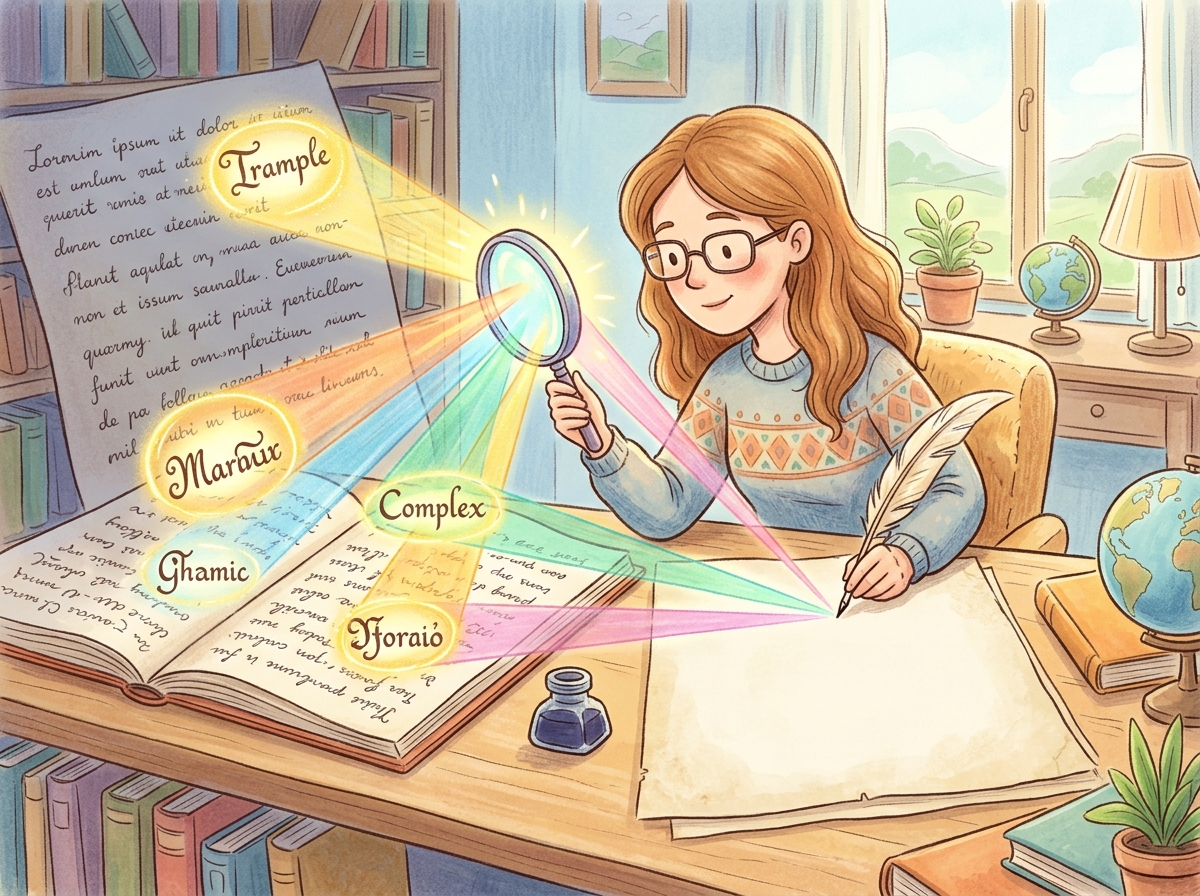 A translator shining a spotlight on specific words in a source text while writing a translation, representing the attention mechanism selectively focusing on relevant parts of the input