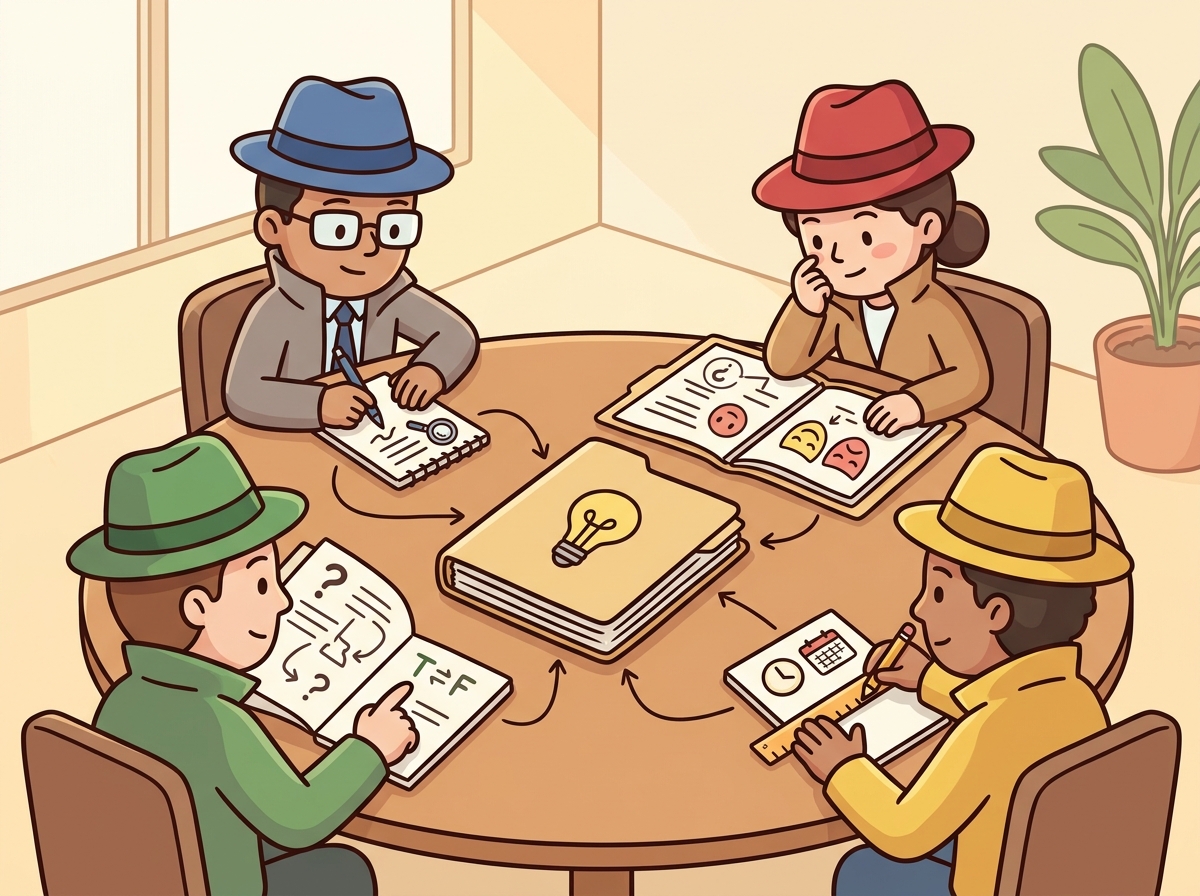 Four detectives sitting around a table, each examining the same case file from a different angle, representing multiple attention heads analyzing the same sequence with different learned perspectives