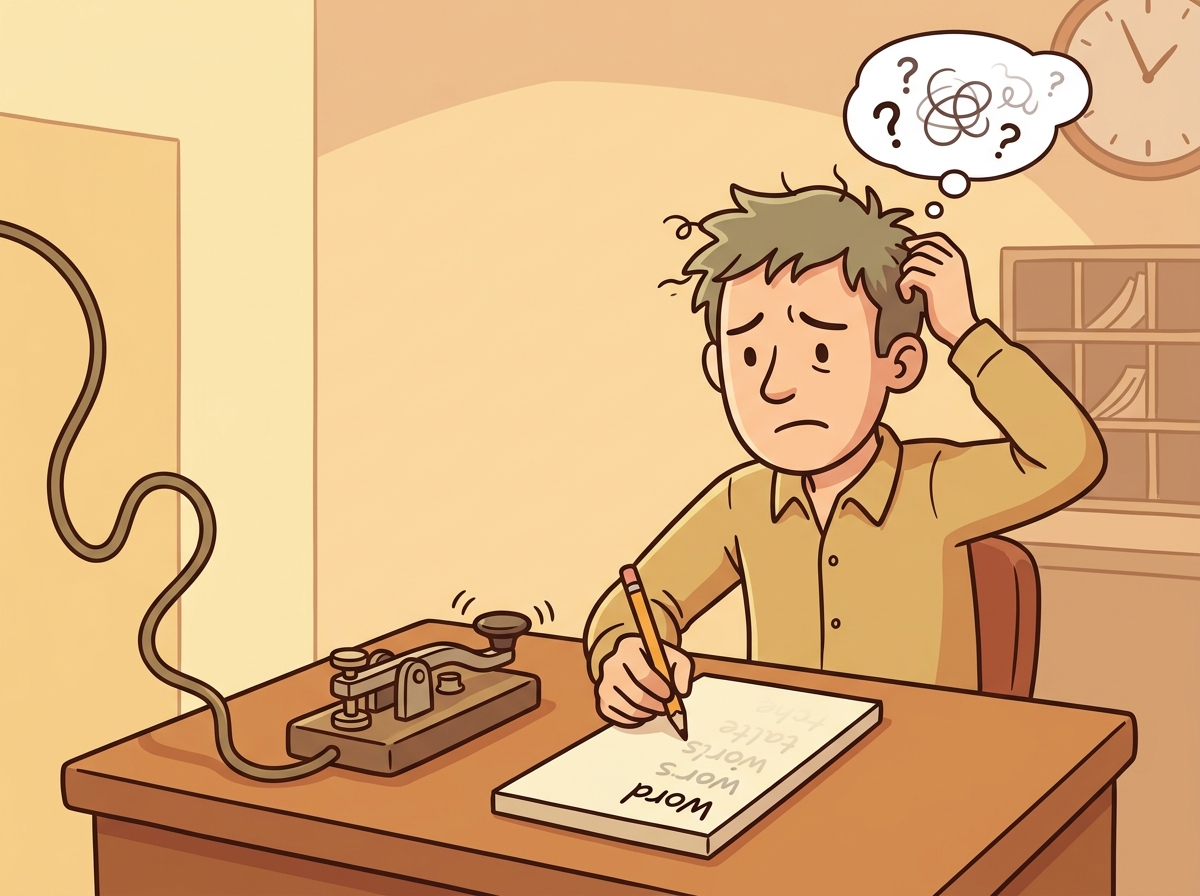 A confused telegraph operator at a desk, trying to remember a long message while writing it down one word at a time, representing how RNNs process sequences sequentially