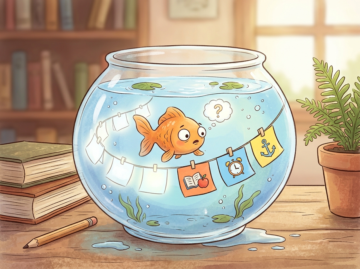 A goldfish in a bowl with fading sticky notes on a clothesline, representing how RNN hidden states lose information about earlier tokens as the sequence grows longer