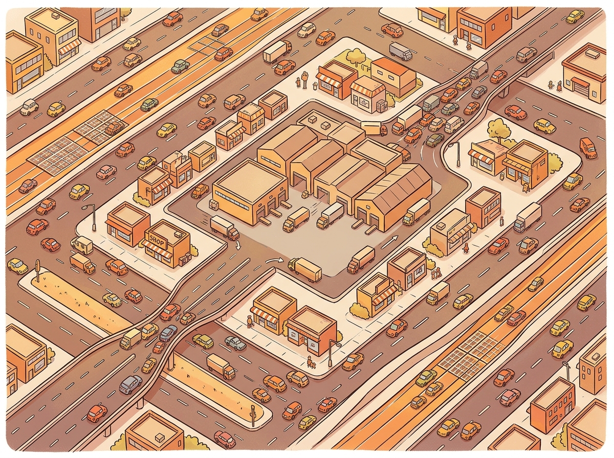 An aerial view of a city representing GPU memory hierarchy, with fast SRAM neighborhoods near the center and slower HBM districts on the outskirts, connected by data highways of varying widths