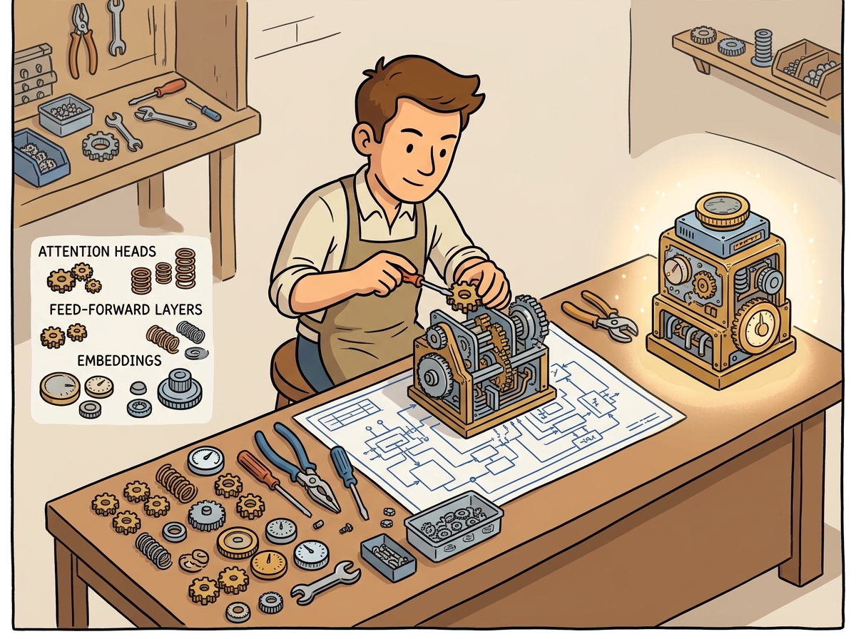 A craftsperson at a workbench assembling a Transformer model from labeled components: attention heads, feed-forward layers, and embeddings, with blueprints spread out