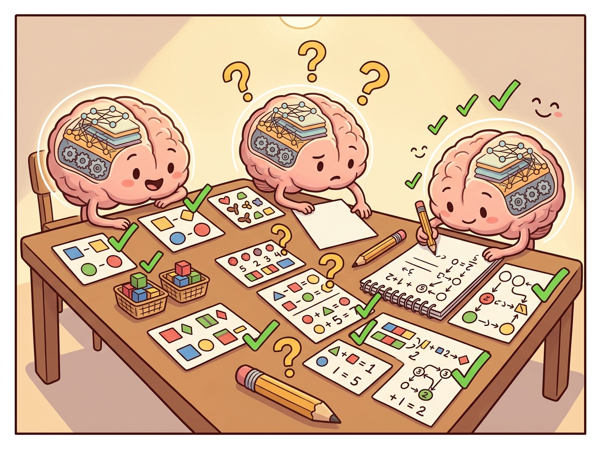 Cartoon brains with circuit-board patterns working on various puzzles and pattern-matching tasks, some succeeding and some struggling, representing the computational expressiveness limits of Transformers