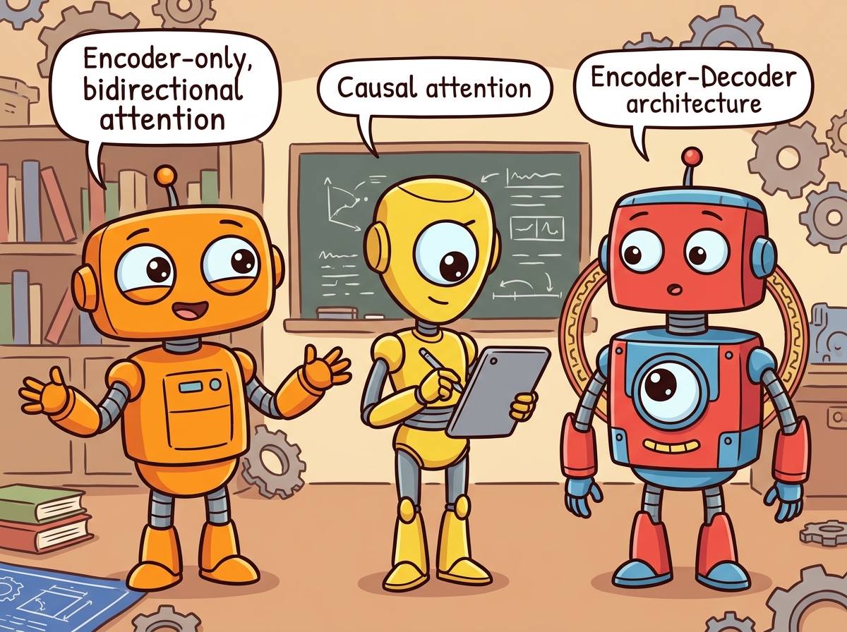 Three friendly robots representing the three Transformer architectural families: an encoder-only robot, a decoder-only robot, and an encoder-decoder robot, each with distinct visual characteristics