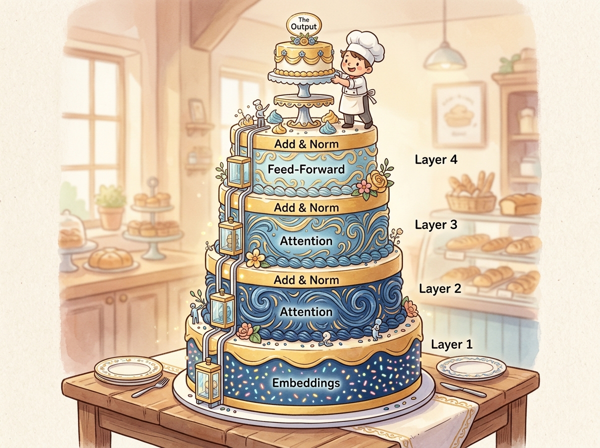 A multi-tiered cake where each layer is labeled with a Transformer component: embedding at the base, attention layers in the middle, feed-forward layers alternating, with add-and-norm frosting between each tier