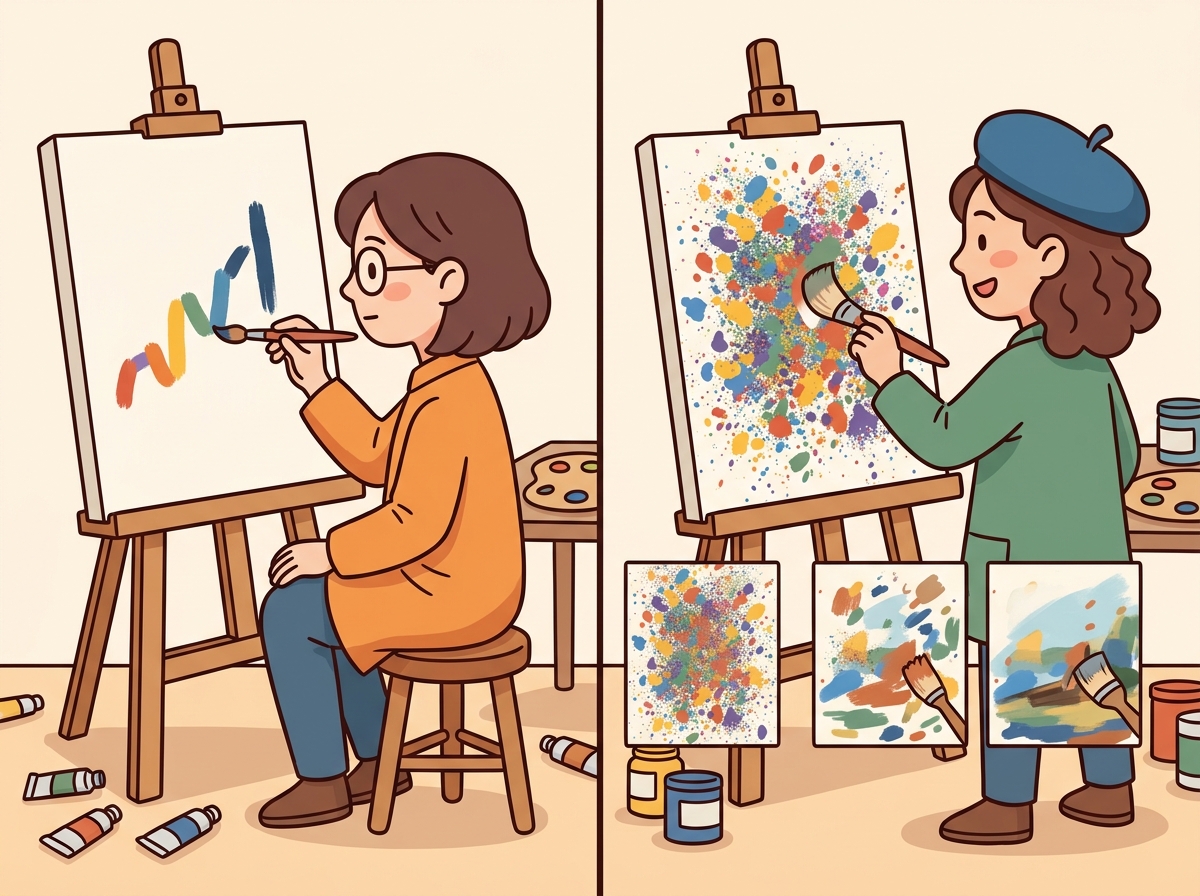 Two painters side by side: one painting a canvas stroke by stroke from left to right (autoregressive), and another gradually refining an entire canvas from blur to clarity (diffusion)