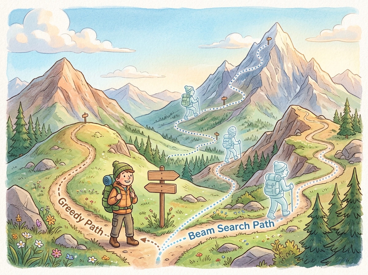A hiker at a mountain trail fork, with one path labeled Greedy (steep but direct) and another labeled Beam Search (exploring multiple routes in parallel to find the best summit)