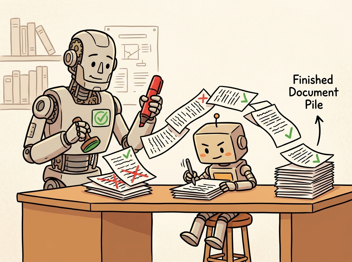 A large robot reviewing and approving drafts written by a smaller, faster robot apprentice, representing speculative decoding where a small model drafts tokens that a large model verifies