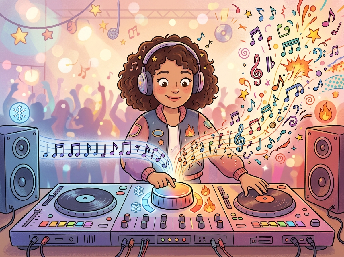 A DJ at a mixing console with a large temperature dial, where low settings produce orderly musical notes and high settings produce wild, chaotic sound waves