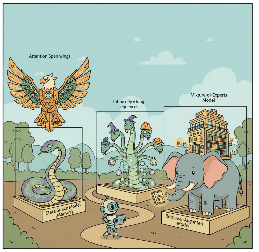 A zoo where each enclosure holds a different cartoon creature representing an architecture: a majestic eagle (transformer), a sleek snake (Mamba SSM), a hydra with specialized heads (mixture of experts), and an elephant with a library on its back (retrieval-augmented model)