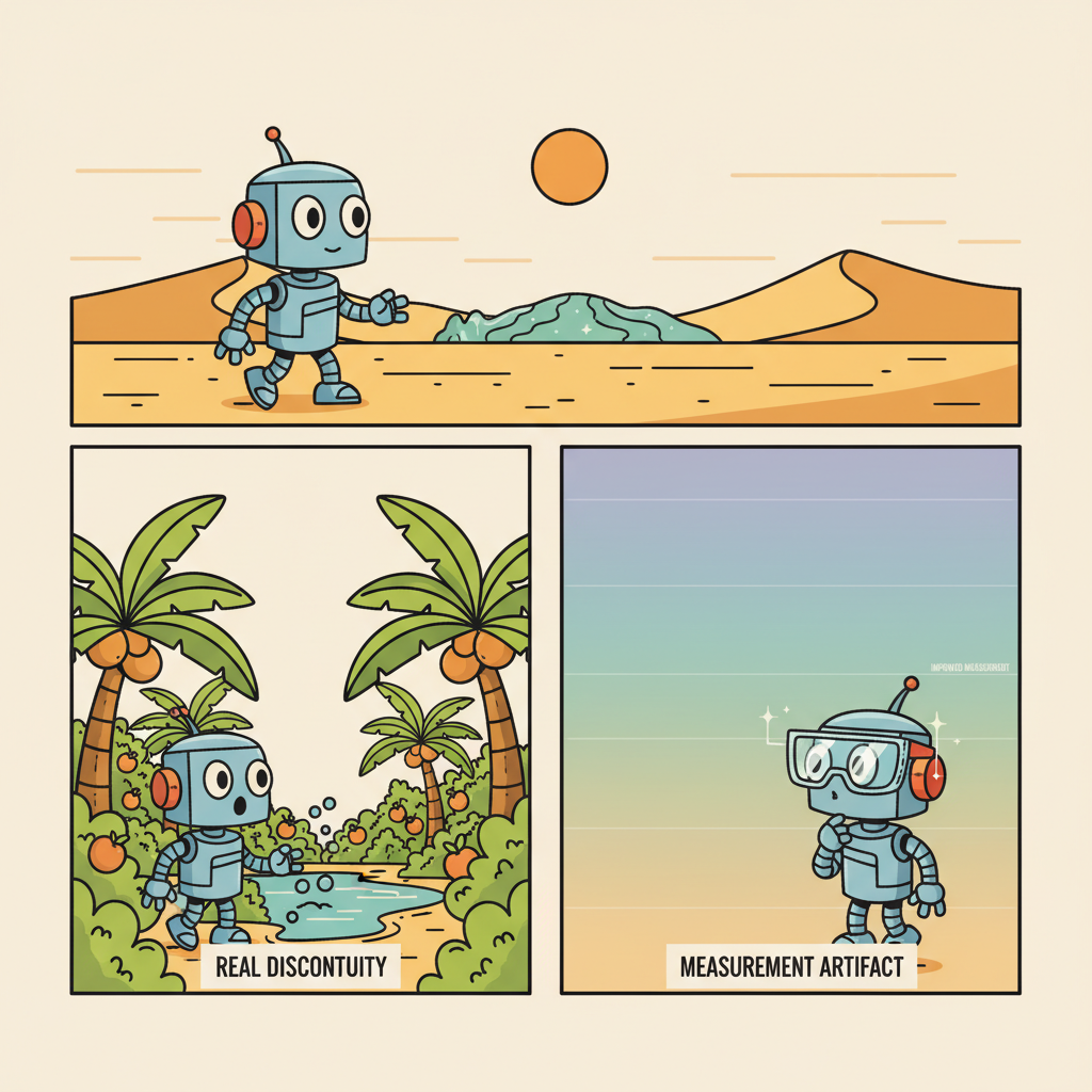 A desert scene split into two panels: in one a robot finds a real oasis at a scale threshold, in the other the oasis is revealed as a mirage that resolves into a smooth gradient when the robot puts on special measurement glasses